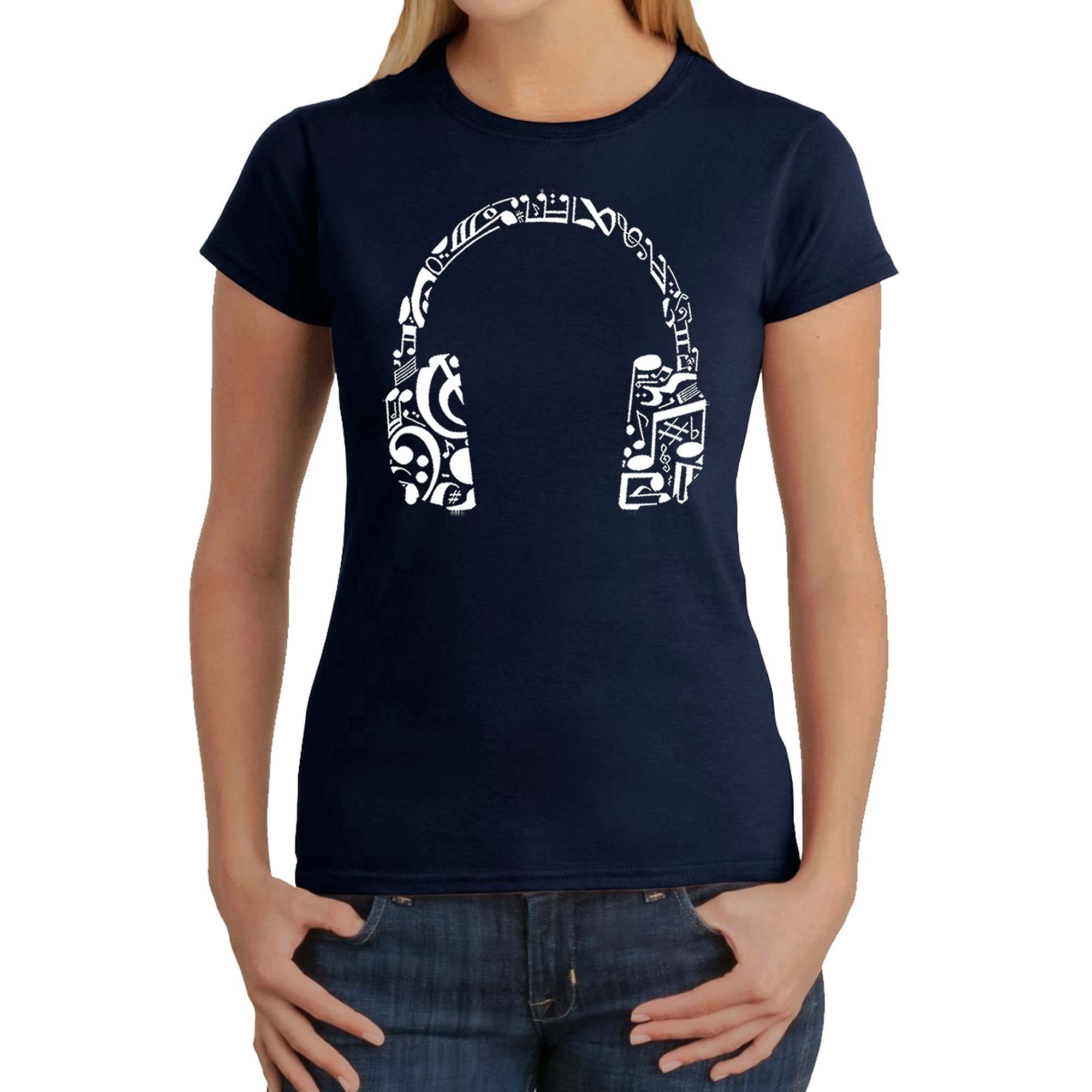 LA POP ART Women's Word Art Graphic T-Shirt with Music Note & Headphones Design - Casual Streetwear for Concerts & Music Lovers