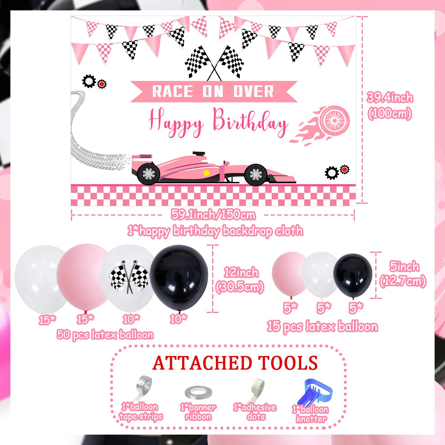 Pink Racing Car Birthday Party Decorations for Girls - Race Car Theme Backdrop, Balloon Garland Kit, Fast One Two Fast Party Supplies - Perfect for Kids Birthday Parties, Baby Showers & Race Car Themed Events
