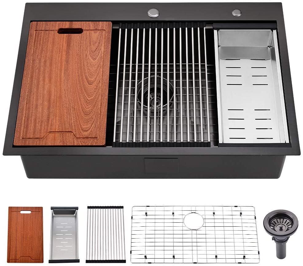 30 Inch Black Drop-In Kitchen Sink Workstation - Bokaiya 30x22 Black Stainless Steel Topmount 16 Gauge Deep Single Bowl Sink with Cutting Board & Strainer - Perfect for Modern Kitchens, Food Prep, and Dishwashing