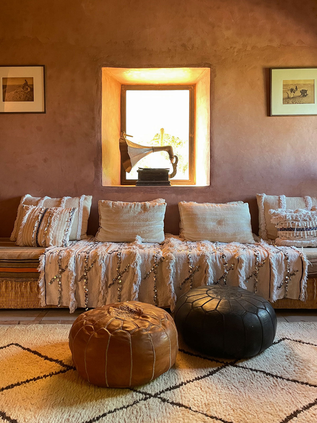 Handmade Moroccan Leather Pouffe Ottoman - Black Genuine Leather Footstool for Living Room, Bedroom & Lounge Decor