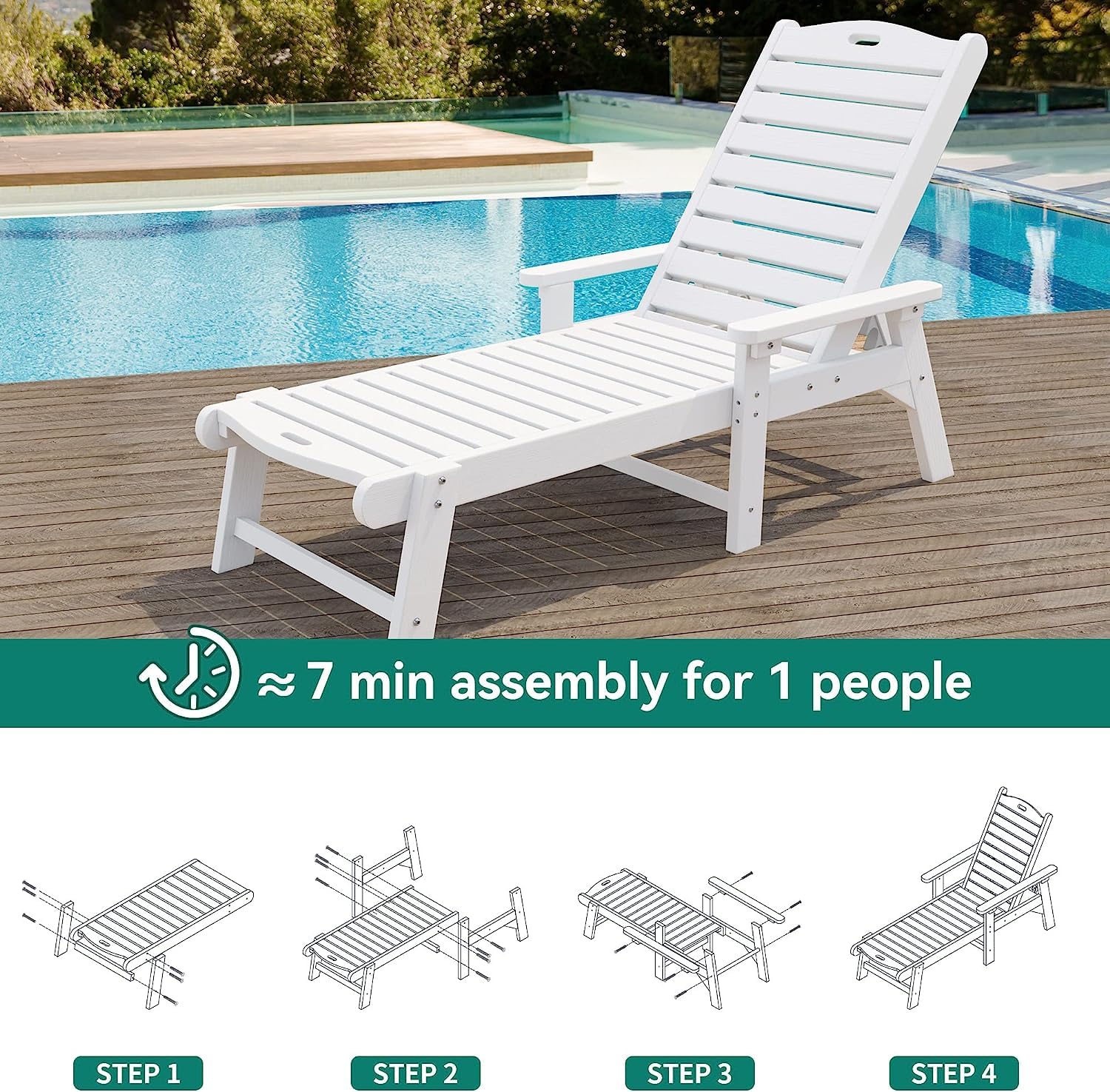 YITAHOME 2-Pack Outdoor Chaise Lounge Chairs with Adjustable Backrest - Heavy Duty Resin Patio Loungers with Wide Armrests, 350lbs Capacity - Waterproof White Poolside Beach Backyard Furniture for Relaxing by the Pool, Beach or Garden
