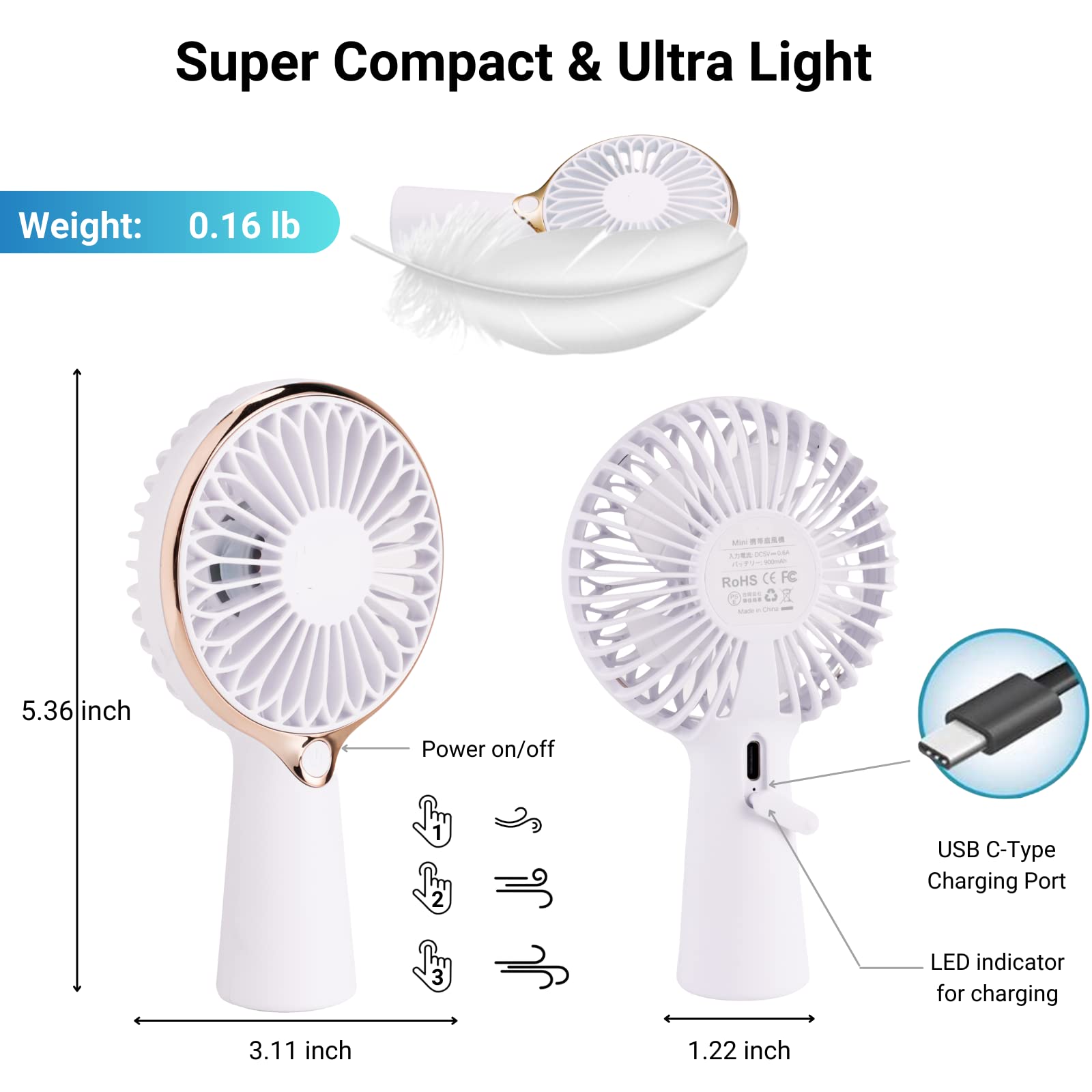 Portable USB Rechargeable Mini Handheld Fan - Personal Desk Fan with 3-6 Hours Battery Life for Office, Travel, Outdoor & Home Use | Compact Cooling Fan for Work, Camping, Beach & Daily Activities