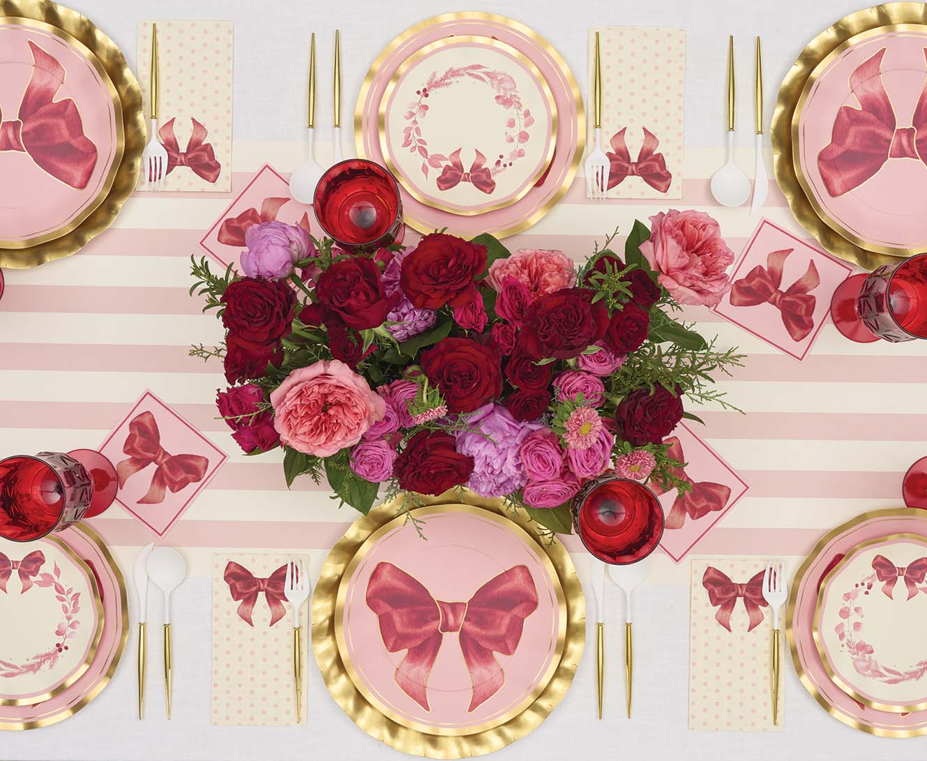 Elegant Pink Bows Wavy Salad Plates - Set of 8, Durable Ceramic Dinnerware for Parties, Weddings & Home Decor | Perfect for Salads, Desserts & Appetizers