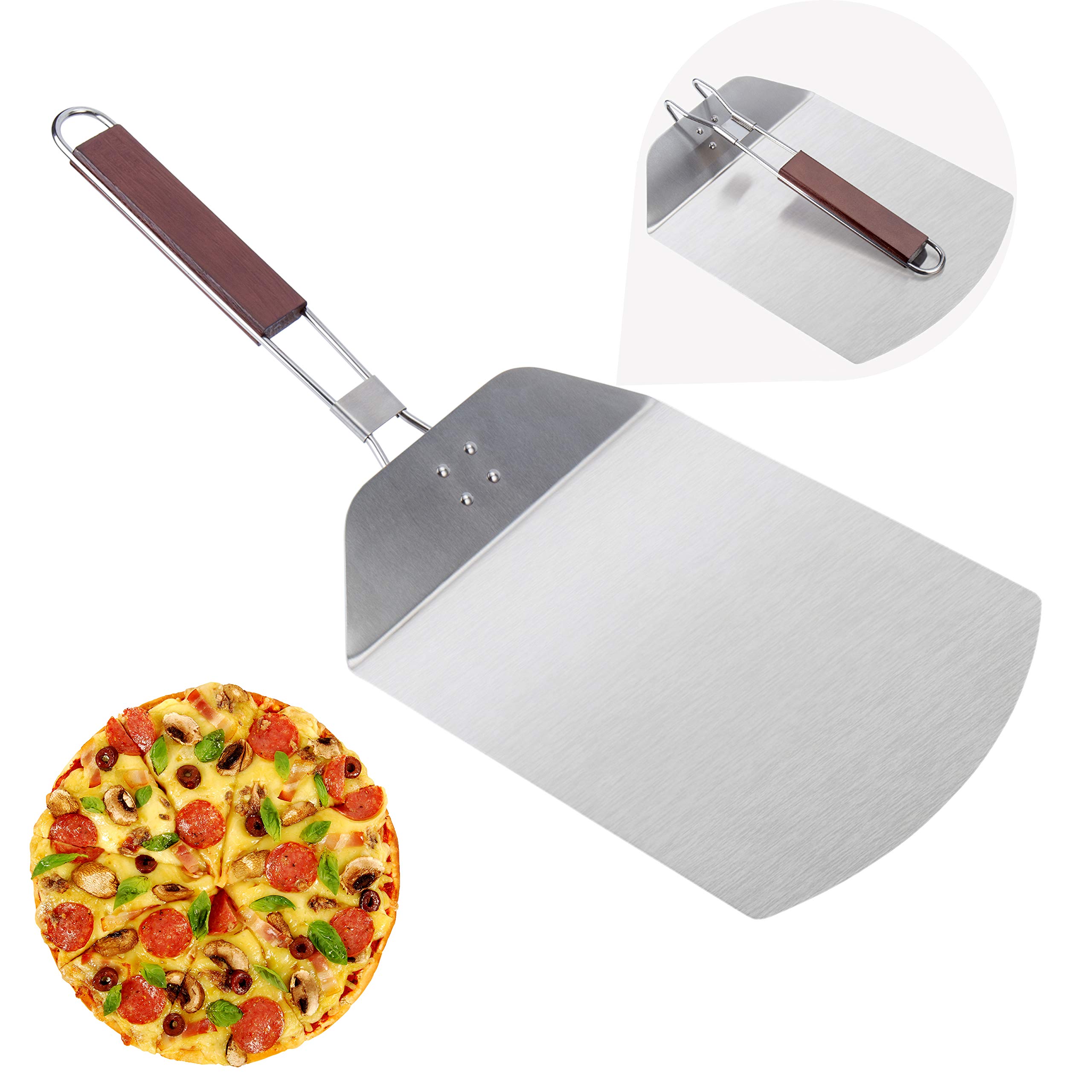 Stainless Steel Pizza Peel with Foldable Wooden Handle - 10 Inch Pizza Paddle for Outdoor Oven, Baking Stone & Bread Making | Perfect for Home Kitchens, Backyard BBQs & Wood-Fired Pizza Parties