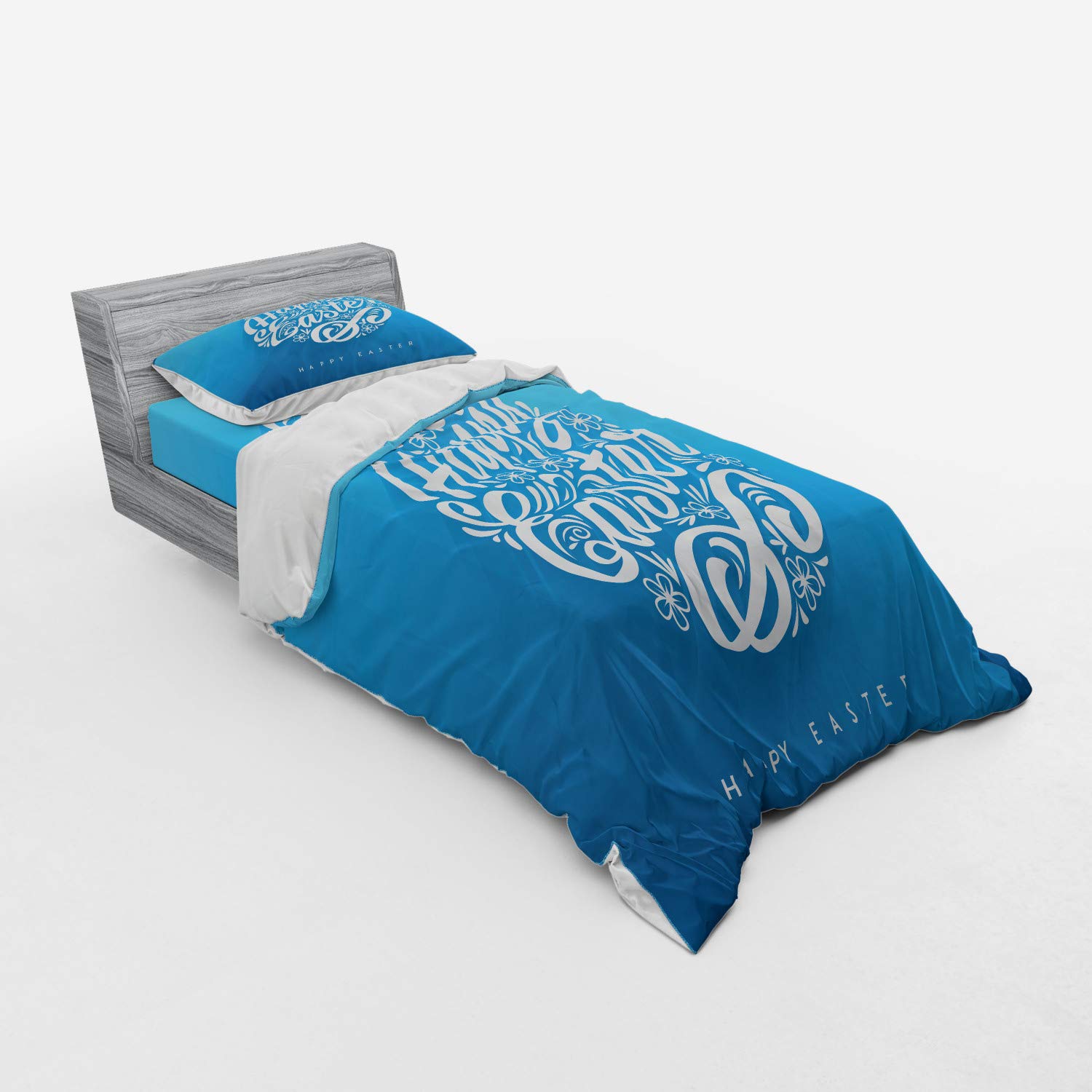 Ambesonne Easter Duvet Cover Set - Blooming Floral Sketch with Swirls & Hand Lettering Design, 3-Piece Bedding Set Includes Sham & Fitted Sheet, Twin Size in Azure Blue & White - Perfect for Spring Decor, Easter Celebrations & Cozy Bedroom Makeovers