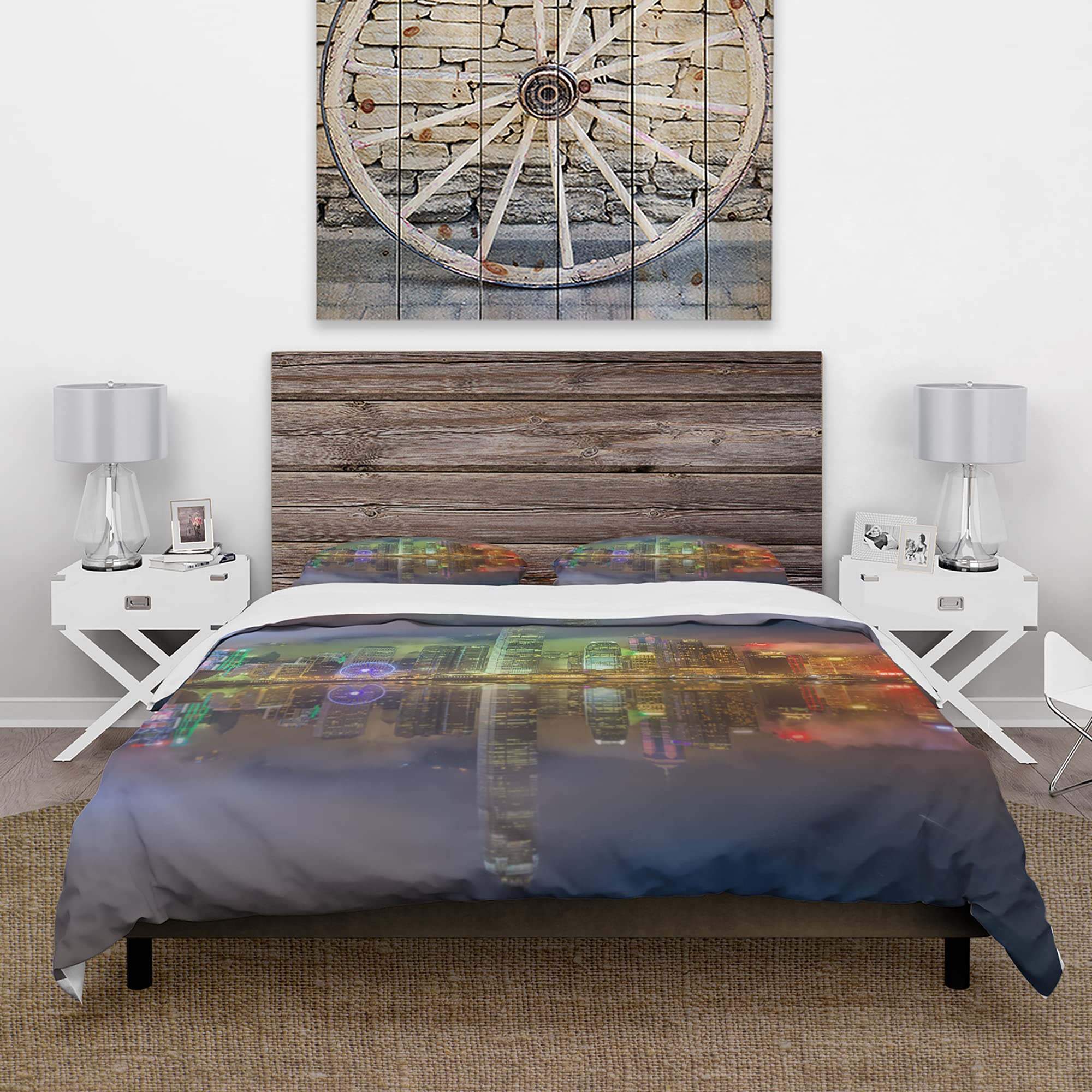 DesignQ Hong Kong Panoramic View Industrial Duvet Cover Set - King Size Green Beach Bedding 3-Piece Set | All Season Comfort for Modern Bedrooms & Coastal Home Decor