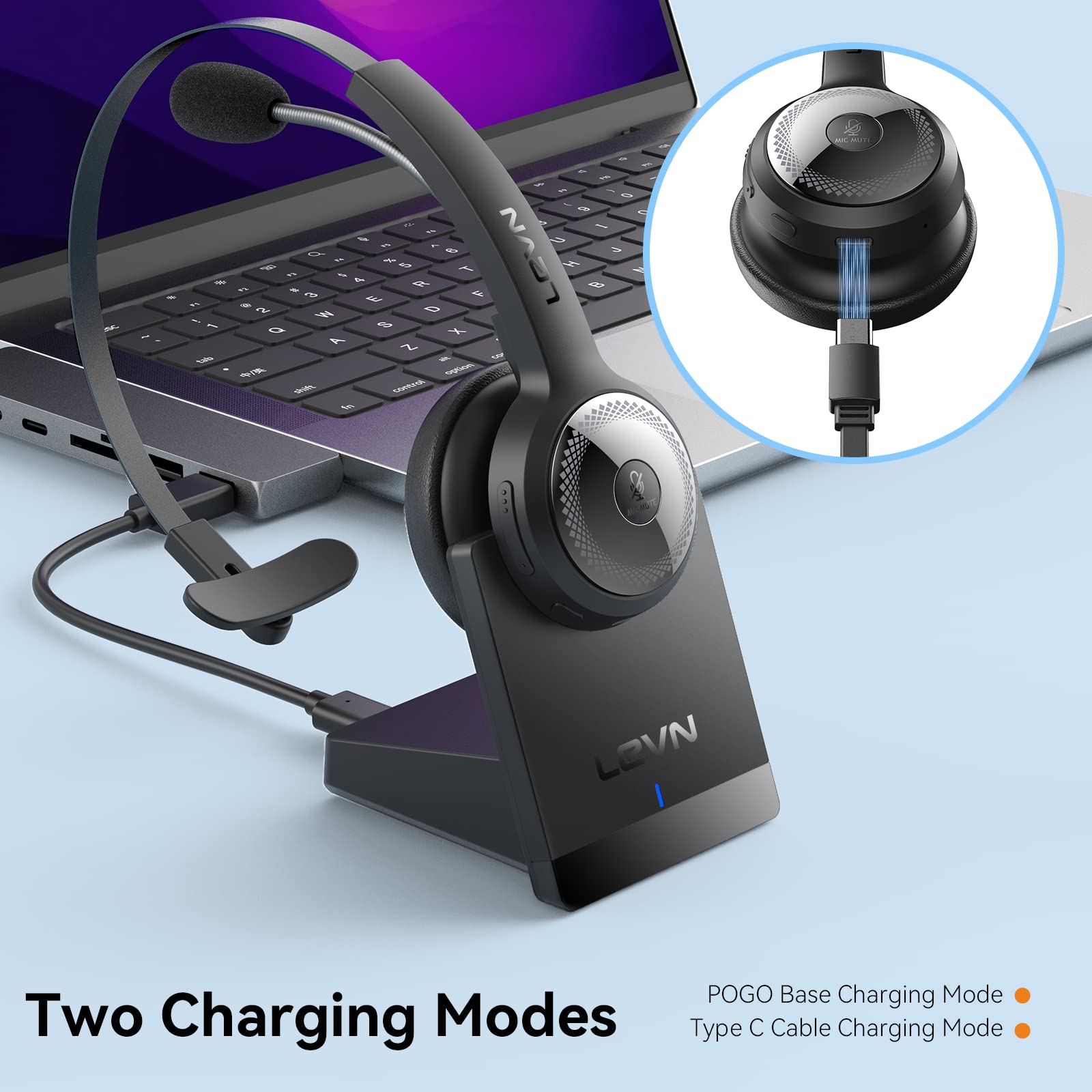LEVN Bluetooth 5.0 Wireless Headphones with Built-in Microphone - Noise Cancelling Headset for Work, Gaming & Music (Compatible with iPhone, Android, PC) - Perfect for Office Calls, Online Classes & Travel