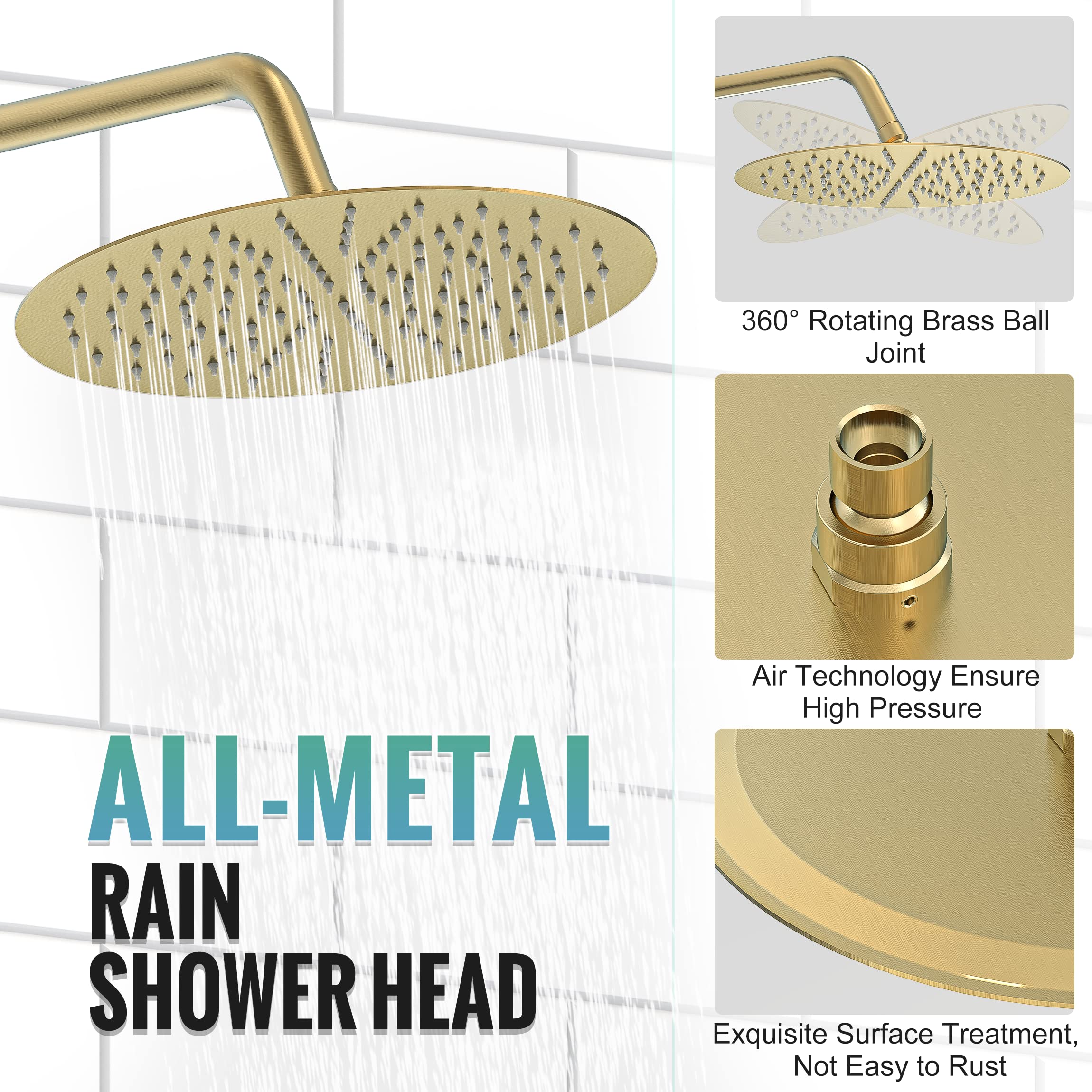SR SUN RISE 12 Inch High Pressure Shower Head System - Brushed Gold Multifunctional Shower Faucet with Handheld Spray & Valve - Perfect for Bathroom, Spa & RV Use