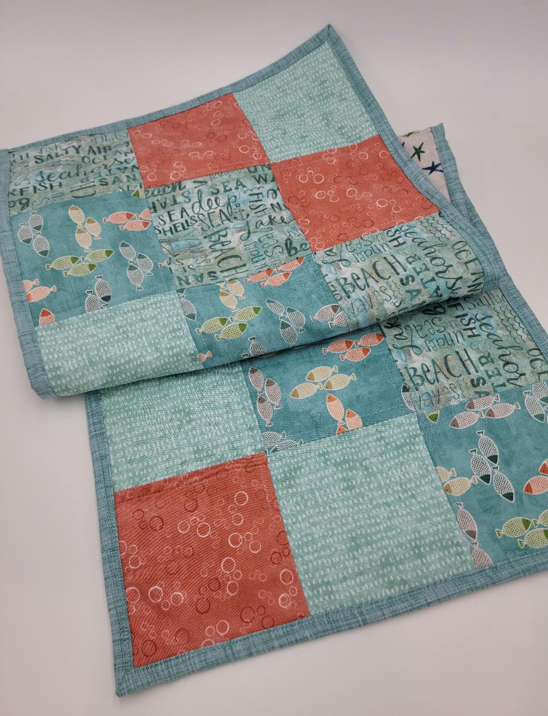 Quilted Beach Table Runner - Blue and Coral Ocean Theme for Dining Table Decor, Perfect for Mother's Day, Coastal Home & Seaside Entertaining