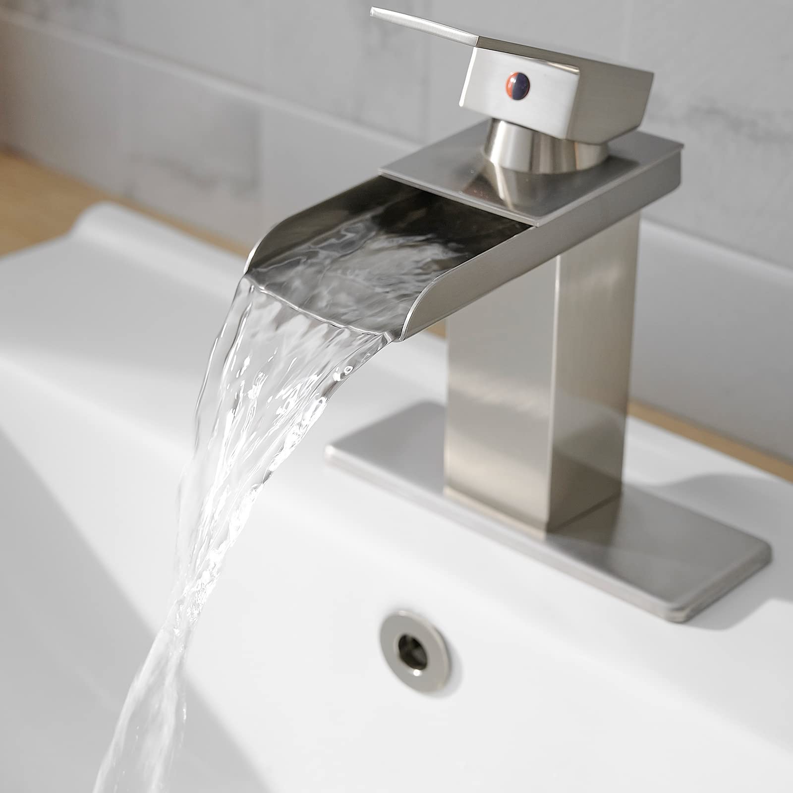 Homevacious Brushed Nickel Waterfall Bathroom Faucet - Single Handle Vanity Sink Faucet with Pop-Up Drain & Deck Plate, Modern Single Hole Lavatory Basin Mixer Tap for Home & Commercial Use - Perfect for Bathroom Renovation & Luxury Hotel Upgrades