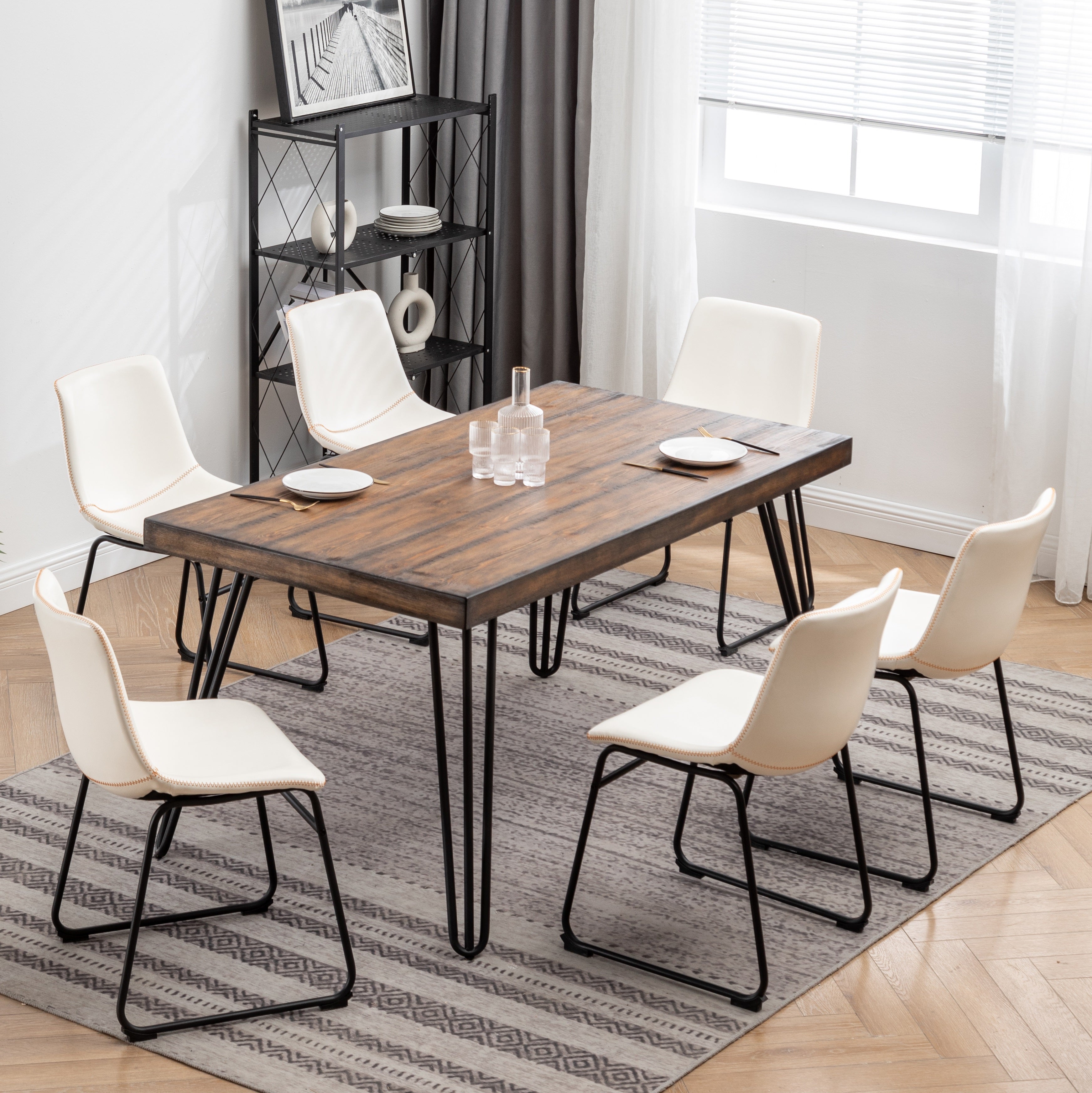 Roundhill Furniture Aryven 7-Piece Industrial Dining Set - Rustic Dark Pine Table & 6 Faux Leather Chairs for Kitchen, Dining Room & Restaurant Decor