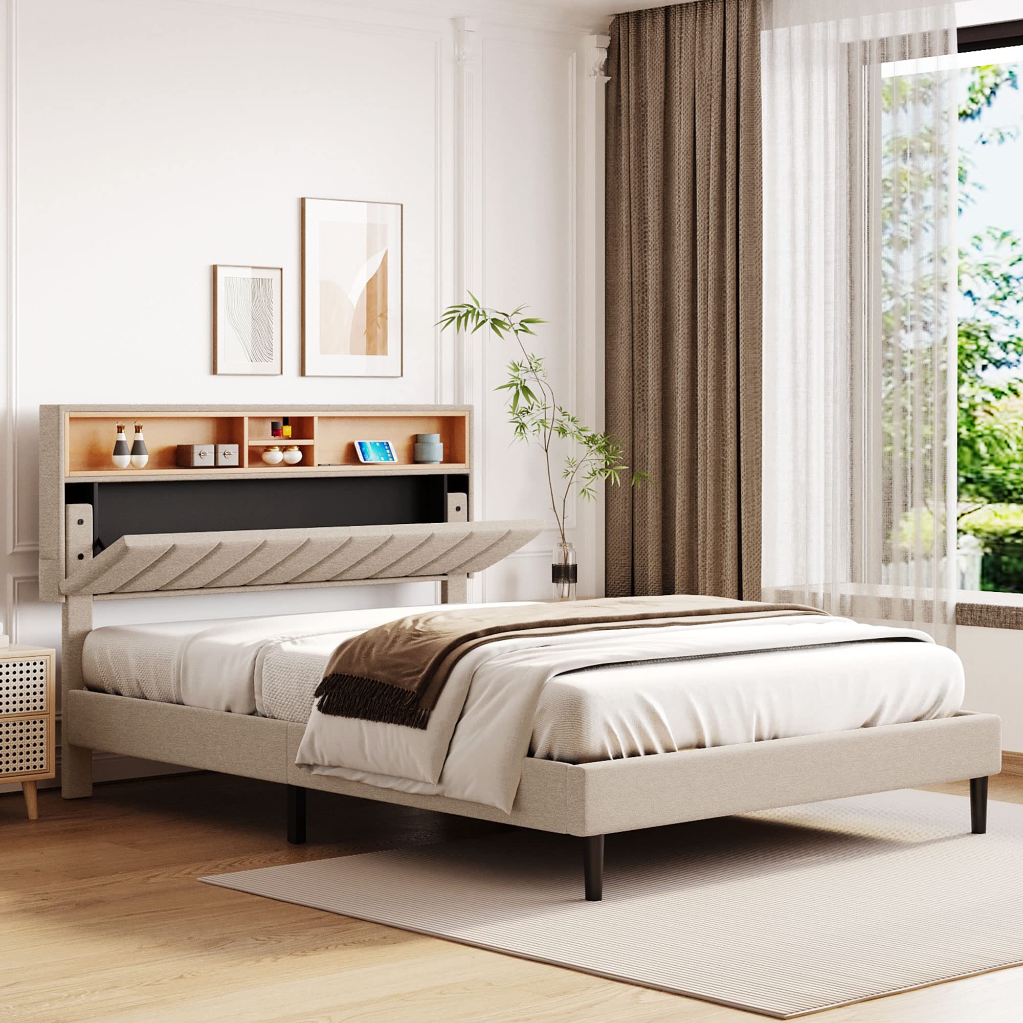 MERITLINE Queen Size Upholstered Platform Bed Frame with Storage Headboard & USB Ports - Linen Fabric Bedroom Furniture, No Box Spring Needed (Beige) | Perfect for Modern Bedrooms, Guest Rooms & Small Spaces
