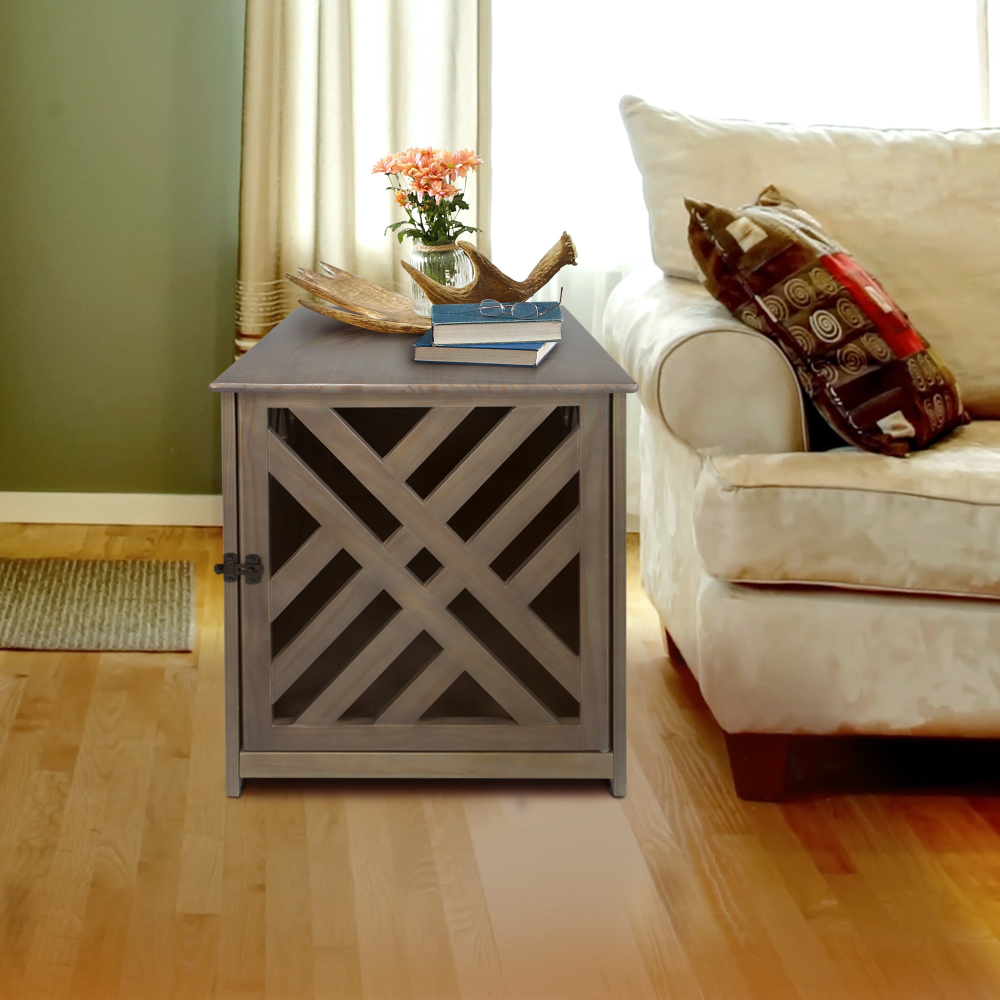 Stylish Wooden Pet Crate & End Table - Large Lattice Design in Modern Taupe Gray | Perfect for Living Room, Bedroom, or Office Decor