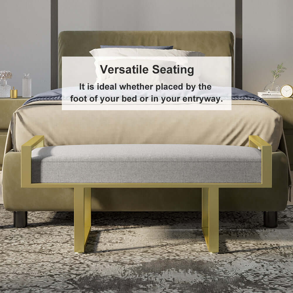 Modern Gray Linen Upholstered Ottoman Bench with Gold Legs - Bedroom, Entryway & Living Room Seating Furniture for Home Decor