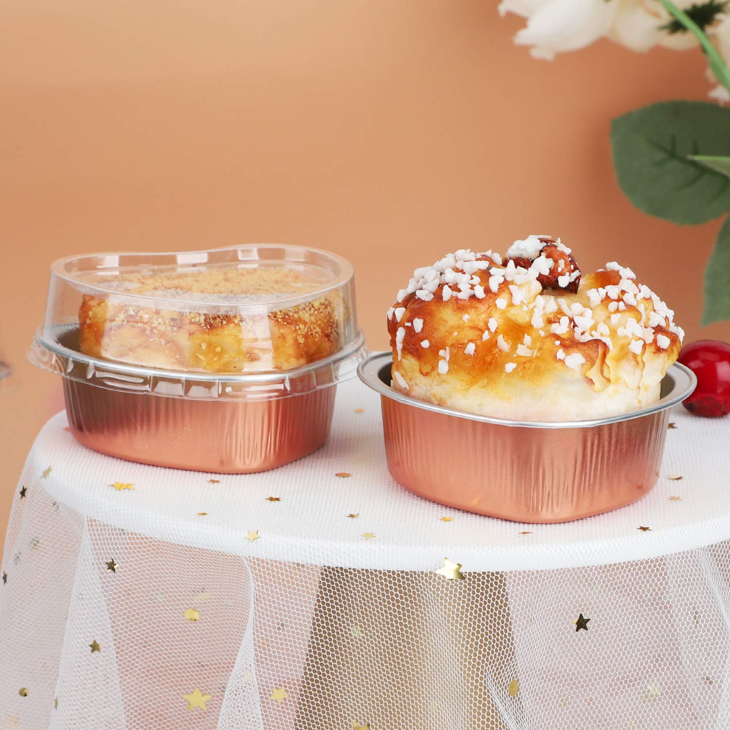 EUSOAR Mini Heart Shaped Cake Pans - 50pcs 3.4oz Aluminum Foil Baking Cups with Lids for Cupcakes, Flan, Cheesecake & Custard | Perfect for Valentine's Day, Weddings, Birthday Parties & Home Baking