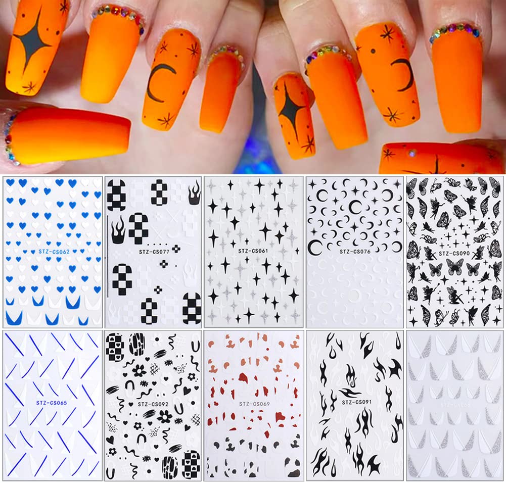 10 Sheets French Nail Stickers for Nail Art - 3D Self-Adhesive Nail Decals with Star, Moon, Butterfly, Flower & Flame Designs - Perfect for Manicure, DIY Nail Art & Salon Use - Great Gift for Nail Lovers