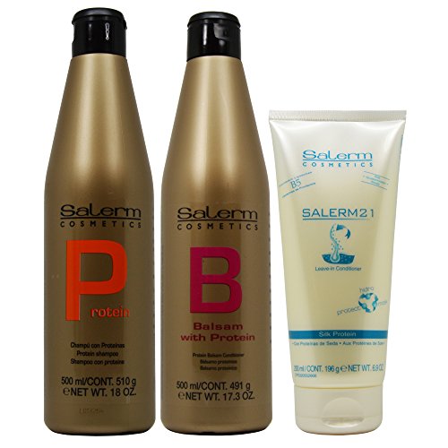 Salerm Protein Shampoo 18oz + Conditioner 17.3oz + Leave-in Treatment 6.9oz - Hair Repair Set for Damaged & Dry Hair - Salon Quality Protein Treatment for Smooth, Shiny Hair at Home