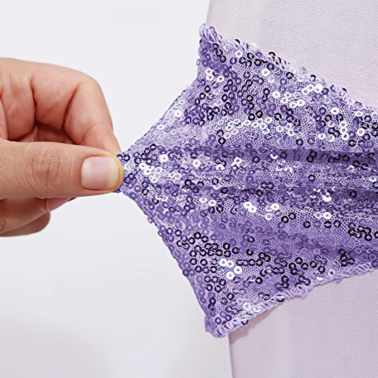 20 Pack Sequin Chair Sashes - Stretchy Spandex Decorative Bands with Shiny Sequins for Wedding, Party, Banquet & Home Decor (Lavender) - Perfect for Chair Backs, Table Centerpieces and Event Decorations