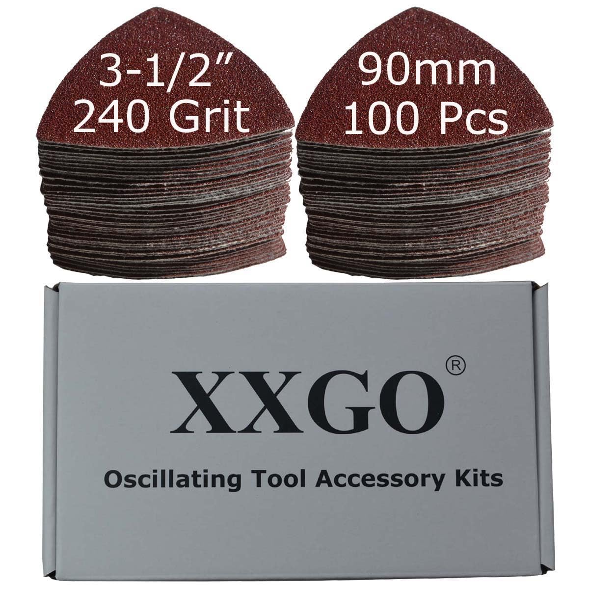 XXGO 100-Pack 240 Grit 3.5 Inch (90mm) Triangular Hook & Loop Sandpaper for Wood Sanding - Compatible with Oscillating Multi Tools - Perfect for DIY Projects, Furniture Refinishing & Home Renovations