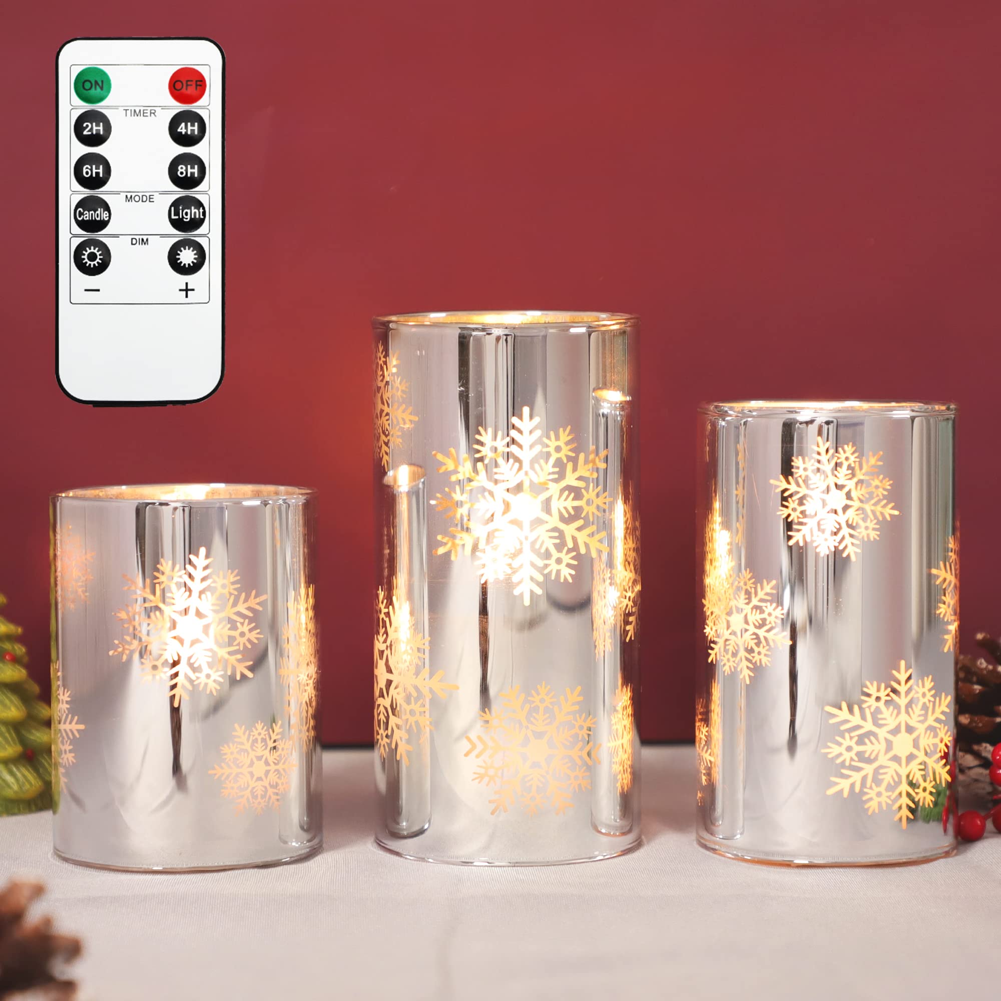 Flameless LED Candles with Remote Control - 3 Pack Christmas Holiday Flickering Candles in Snowflake Glass, Battery Operated for Home Decor, Party, Bathroom & Gift | Perfect for Christmas Decorations, Wedding Centerpieces & Relaxing Ambience