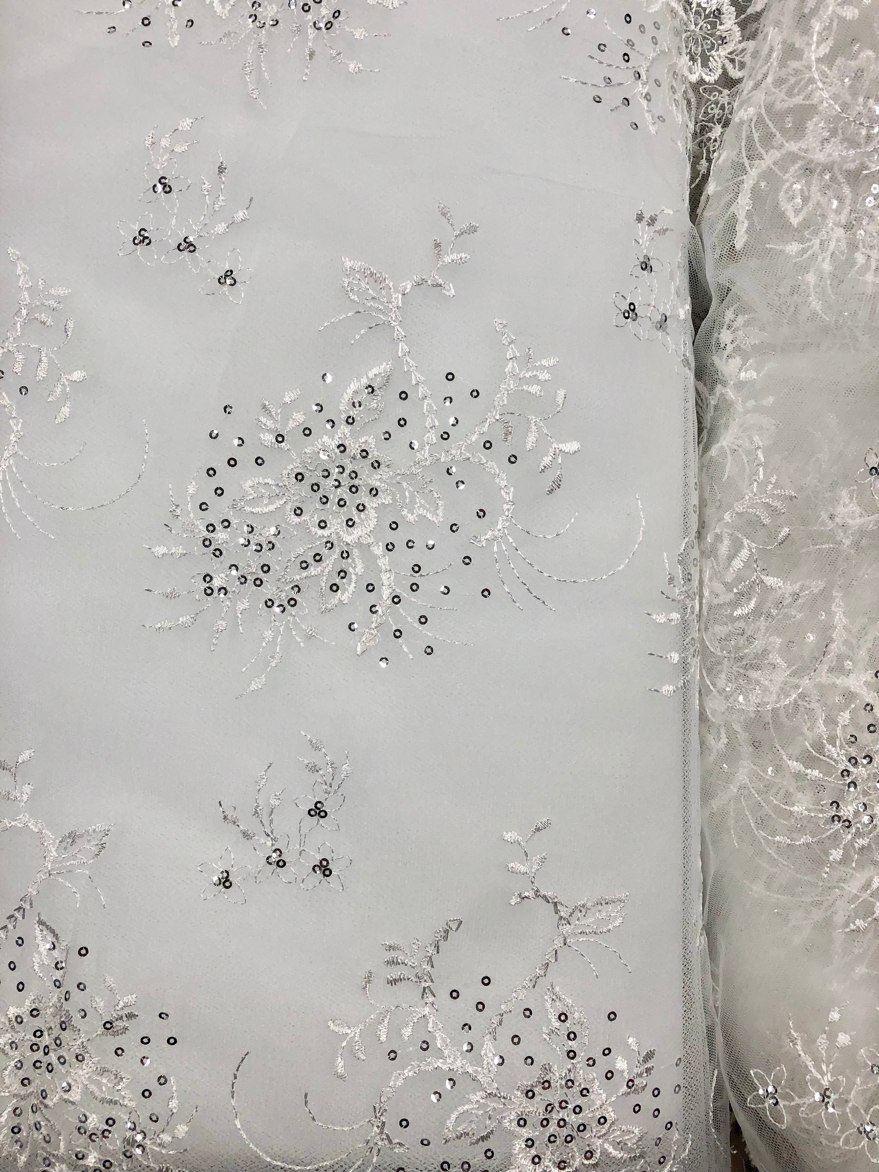 Elegant White and Silver Lace Tulle Fabric - 60 Inches Wide, Sequined and Embroidered for Wedding Dresses, Party Decorations & DIY Crafts