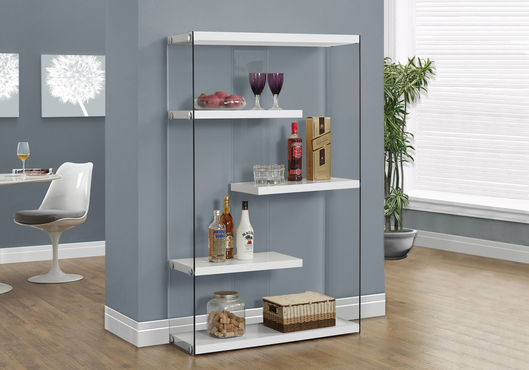 Modern 60-Inch Tall Bookcase with Glossy White Finish & Tempered Glass Shelves - Perfect for Living Room, Office, or Library Storage