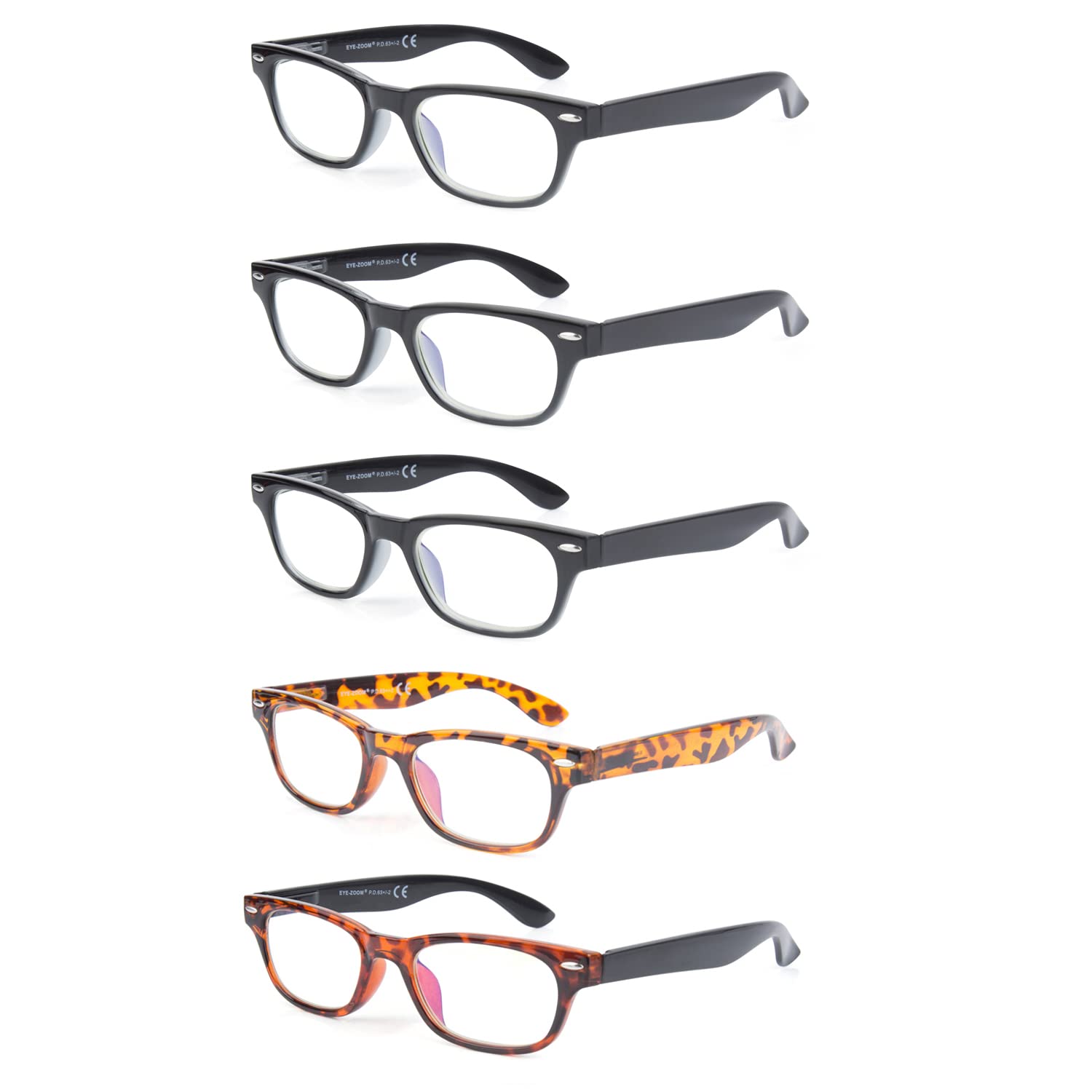 5 Pack Vintage Plastic Frame Blue Light Blocking Reading Glasses for Men & Women - Reduce Eye Strain for Computer Work, Reading & Gaming