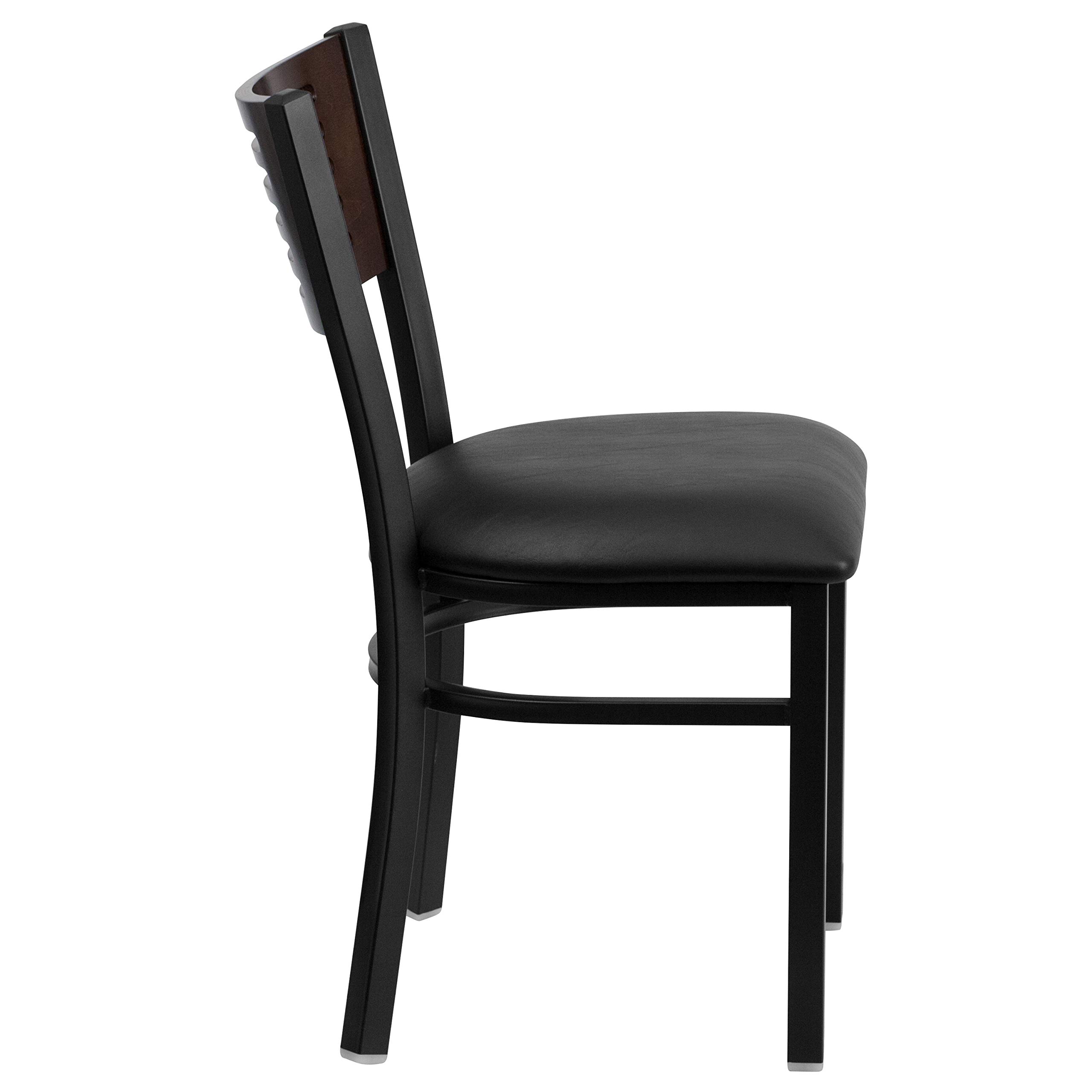 2 Pack Black Slat Back Metal Restaurant Chairs - Walnut Wood Back, Black Vinyl Seat - Durable Dining Chairs for Restaurants, Cafes, and Home Kitchens
