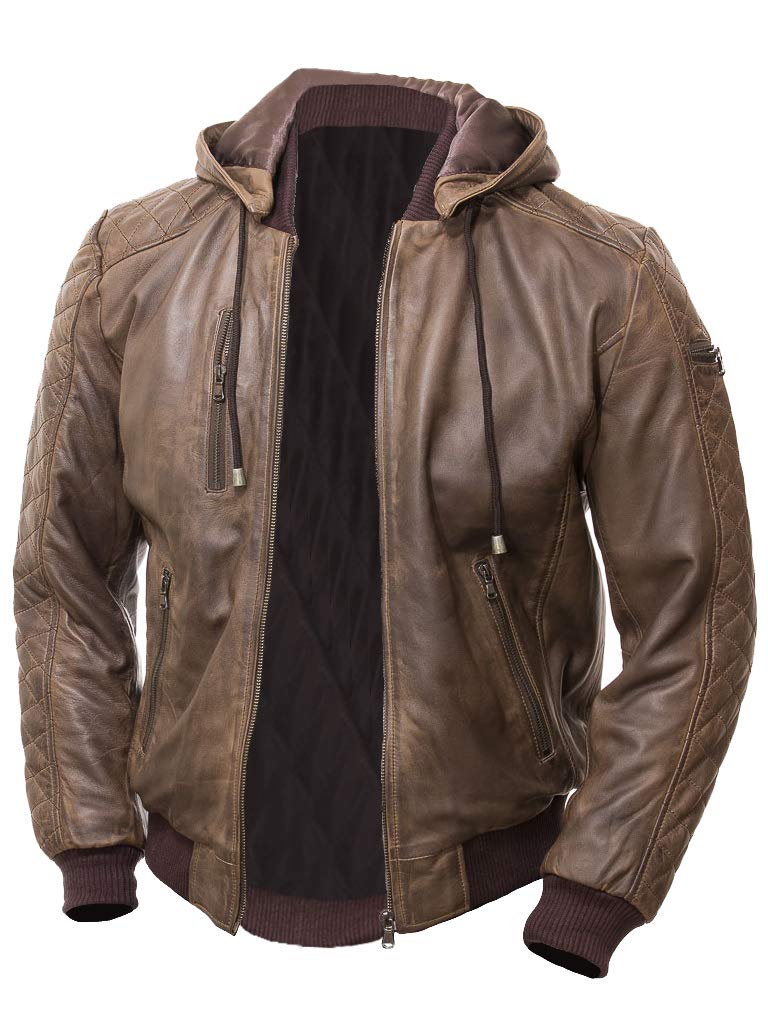 Authentic Distressed Brown Leather Jacket for Men with Detachable Hood - Vintage Biker Style Motorcycle Jacket - Perfect for Riding, Casual Wear & Outdoor Adventures