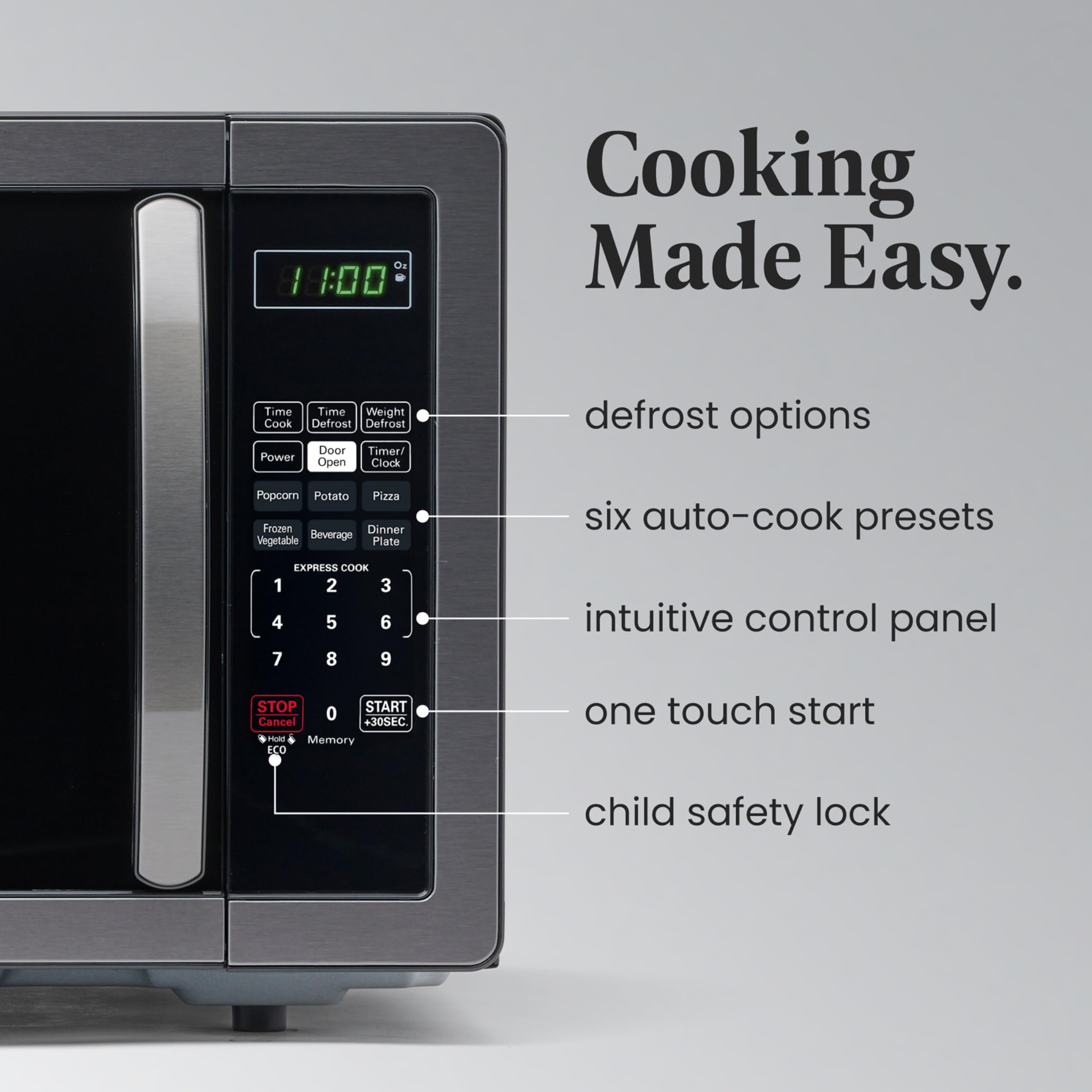 Farberware 1.1 Cu Ft 1000W Countertop Microwave Oven with LED Lighting & Child Safety Lock - Black Stainless Steel - Easy to Clean - Compact Microwave for Small Kitchens, Apartments, Dorms & Office Break Rooms
