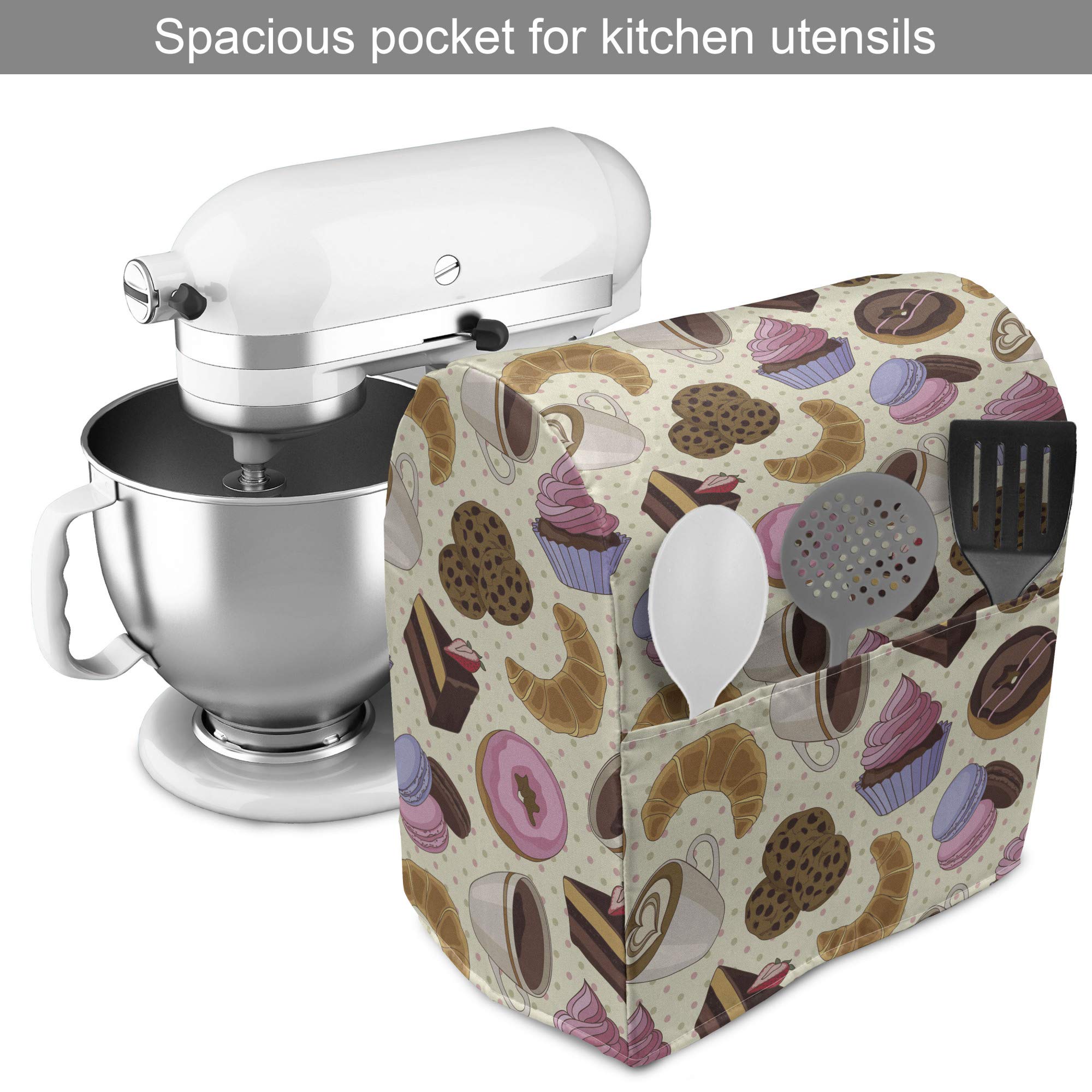 Ambesonne Coffee Stand Mixer Cover - Coffee Shop Themed with Cups, Cookies, Cake & Chocolate Art Pattern - 6-8 Quart Kitchen Appliance Organizer Bag with Pocket - Perfect for Bakeries, Coffee Shops & Home Kitchens
