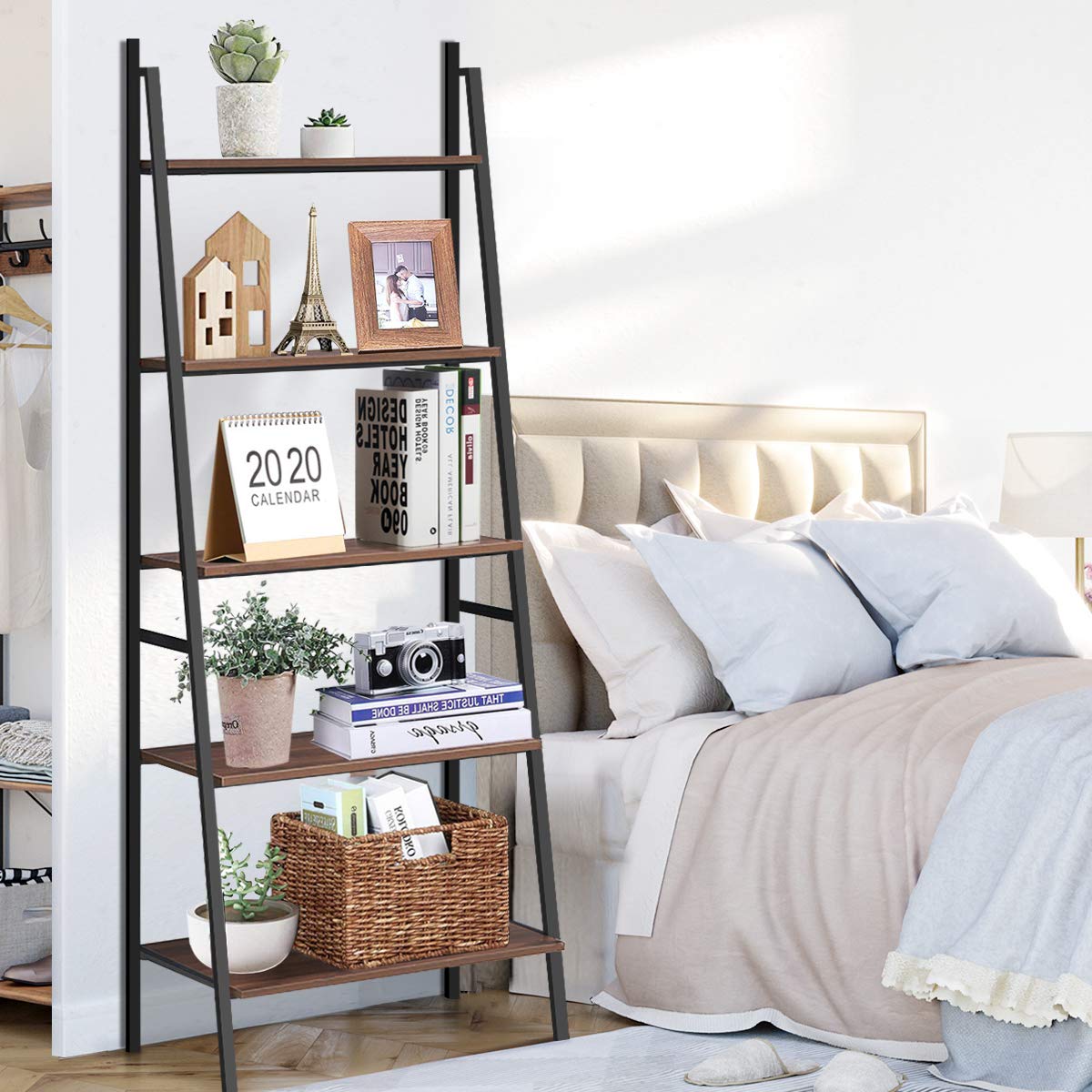 5-Tier Industrial Ladder Shelf - Wooden Look Metal Bookcase & Plant Stand for Home Office Decor | Multifunctional Display Shelf for Books, Plants & Home Organization