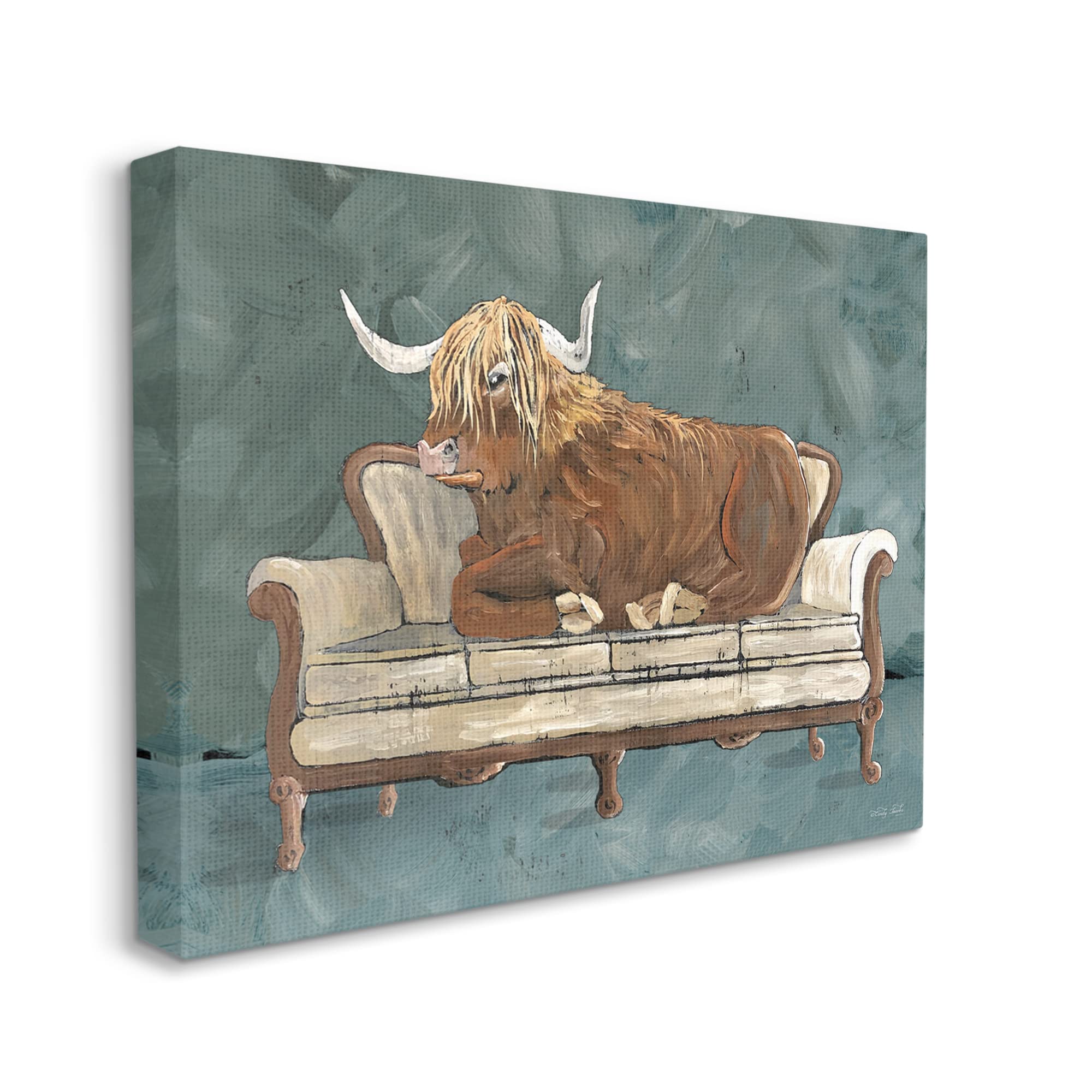 Stupell Industries Shaggy Cattle Resting Living Room Couch Canvas Wall Art - Green Gray & Blue Design by Cindy Jacobs - 48x36 Inches - Perfect for Farmhouse Decor, Living Room Accent Wall & Country Style Home