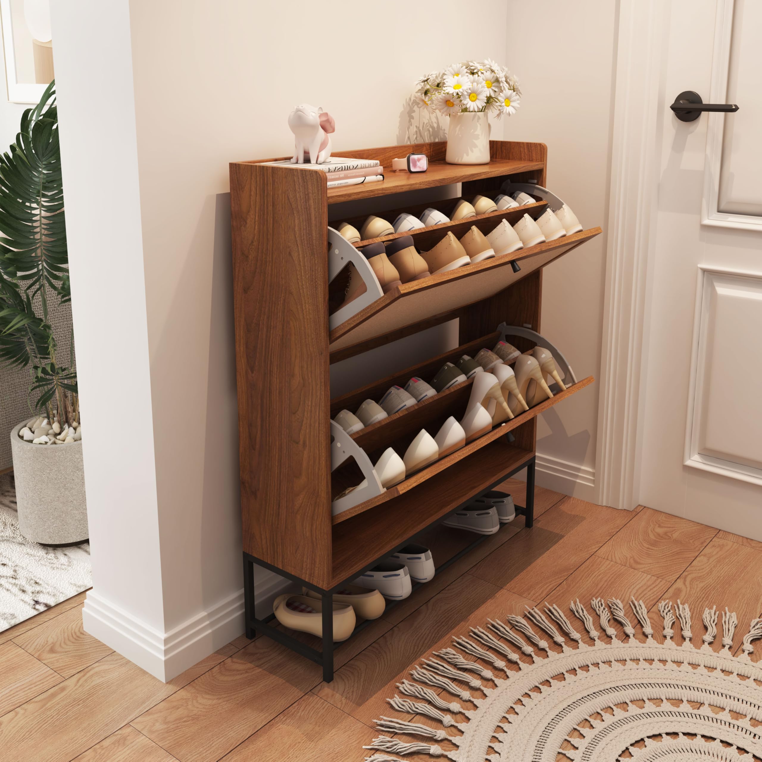 Narrow Shoe Storage Cabinet with 2 Flip Drawers - Freestanding Slim Shoe Organizer | Wooden Closed Shoe Rack for Entryway, Hallway & Living Room | Walnut Finish | Perfect for Small Spaces & Apartment Organization