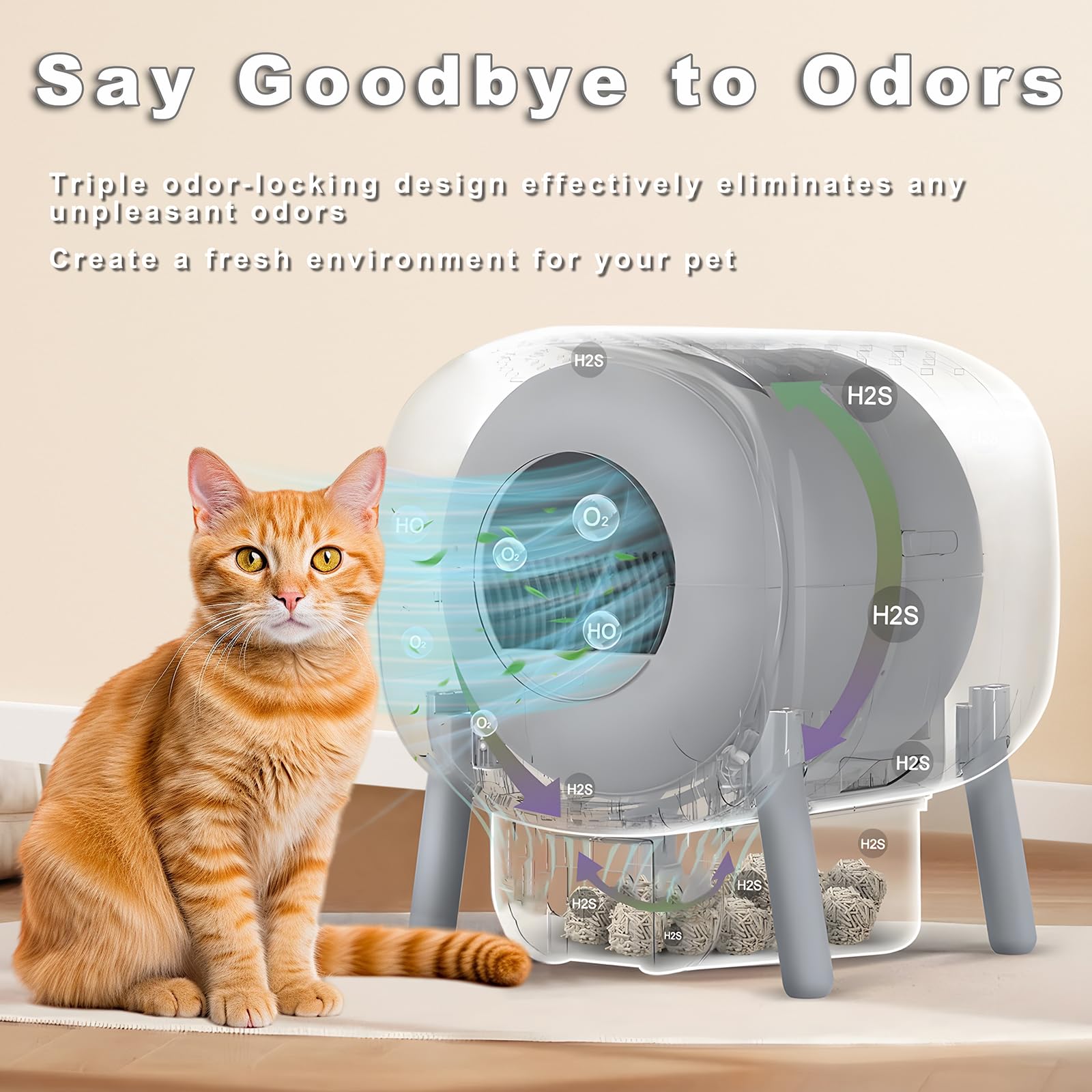 Self Cleaning Cat Litter Box - 100L Automatic Kitty Litter Box for Multiple Cats with Built-in Ambient Light, Double Odor Removal & Safety Protection, App Control - Includes 2 Rolls Liners Bags & Mat - Perfect for Busy Pet Owners & Multi-Cat Households