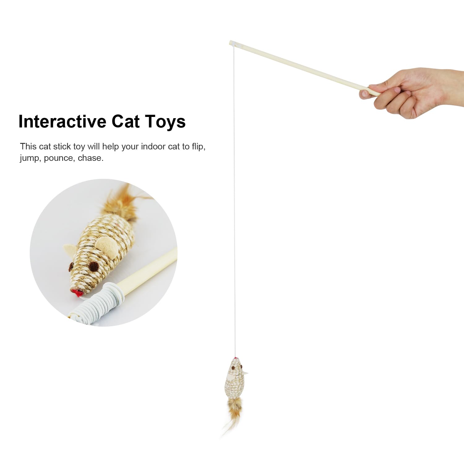 Natural Wood Cat Wand Toy with Feather Mice - Interactive Kitten Toy for Indoor Cats to Play, Chase & Exercise - Perfect for Playtime & Bonding with Your Feline Friend