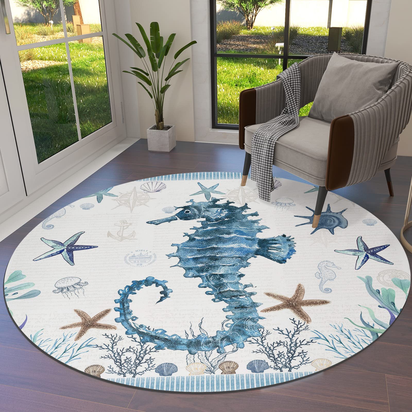 3.3ft Round Non-Slip Area Rug - Ocean Themed Seahorse Starfish Carpet for Bedroom, Living Room & Kitchen | Soft Accent Floor Mat, Throw Rug for Coastal Decor, Beach House, Kids Room & Nursery