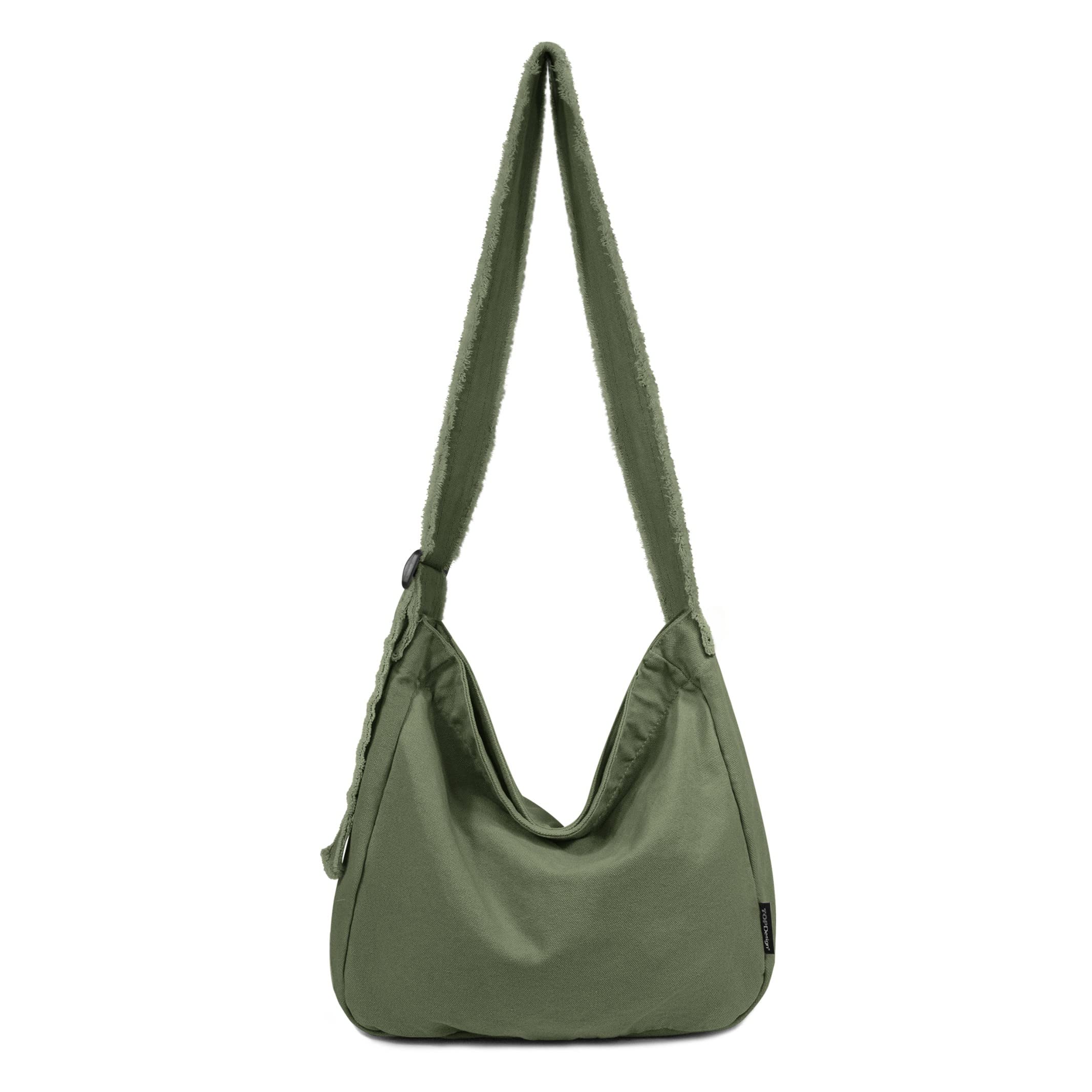 TOPDesign Women's Canvas Shoulder Bag - Large Retro Distressed Hobo Purse with Zipper Pocket & Adjustable Frayed Strap, Casual Crossbody Tote Handbag (Green) | Perfect for Work, Travel & Everyday Use