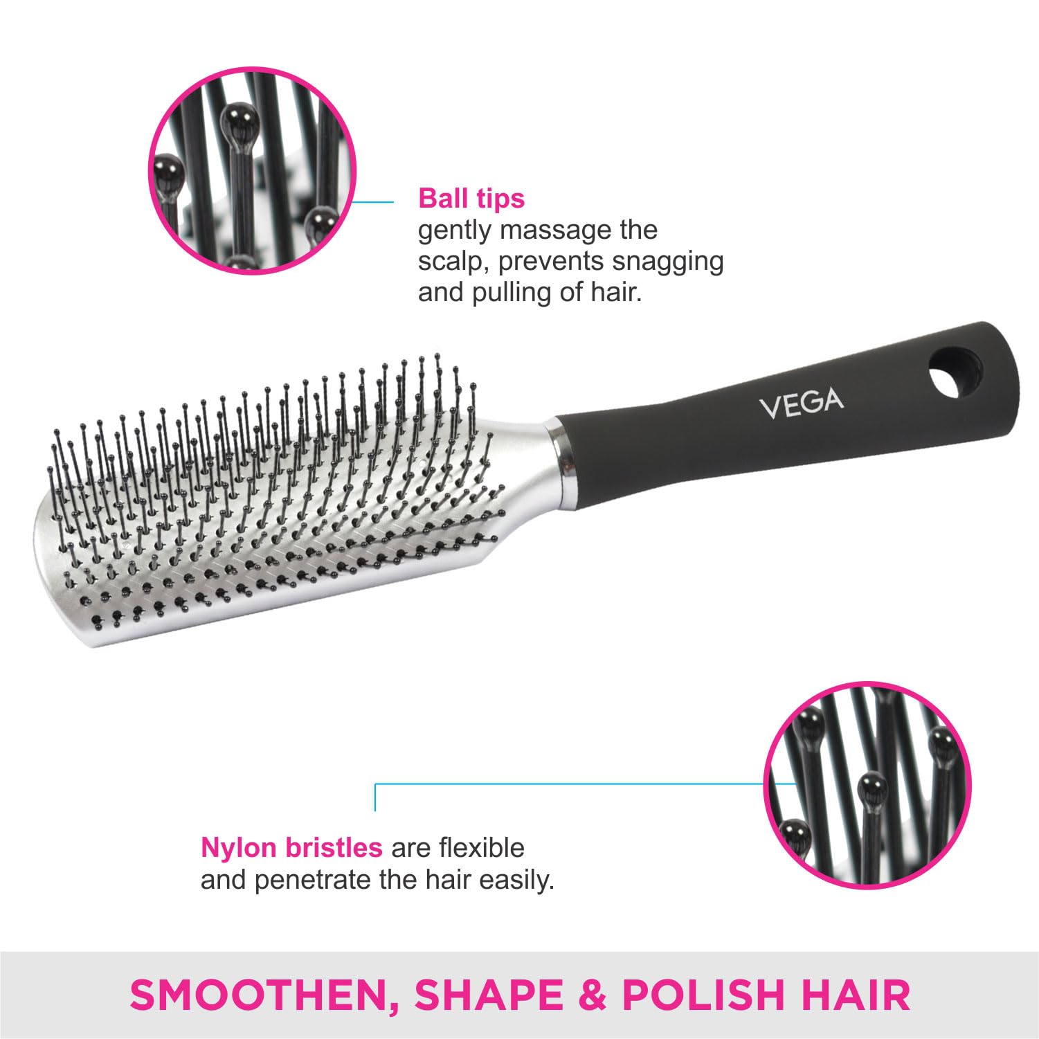 Vega Flat Hair Brush for Men & Women - India's No. 1 Hair Brush Brand (R10-FB) - Perfect for Smoothing, Detangling & Styling Hair at Home or Salon