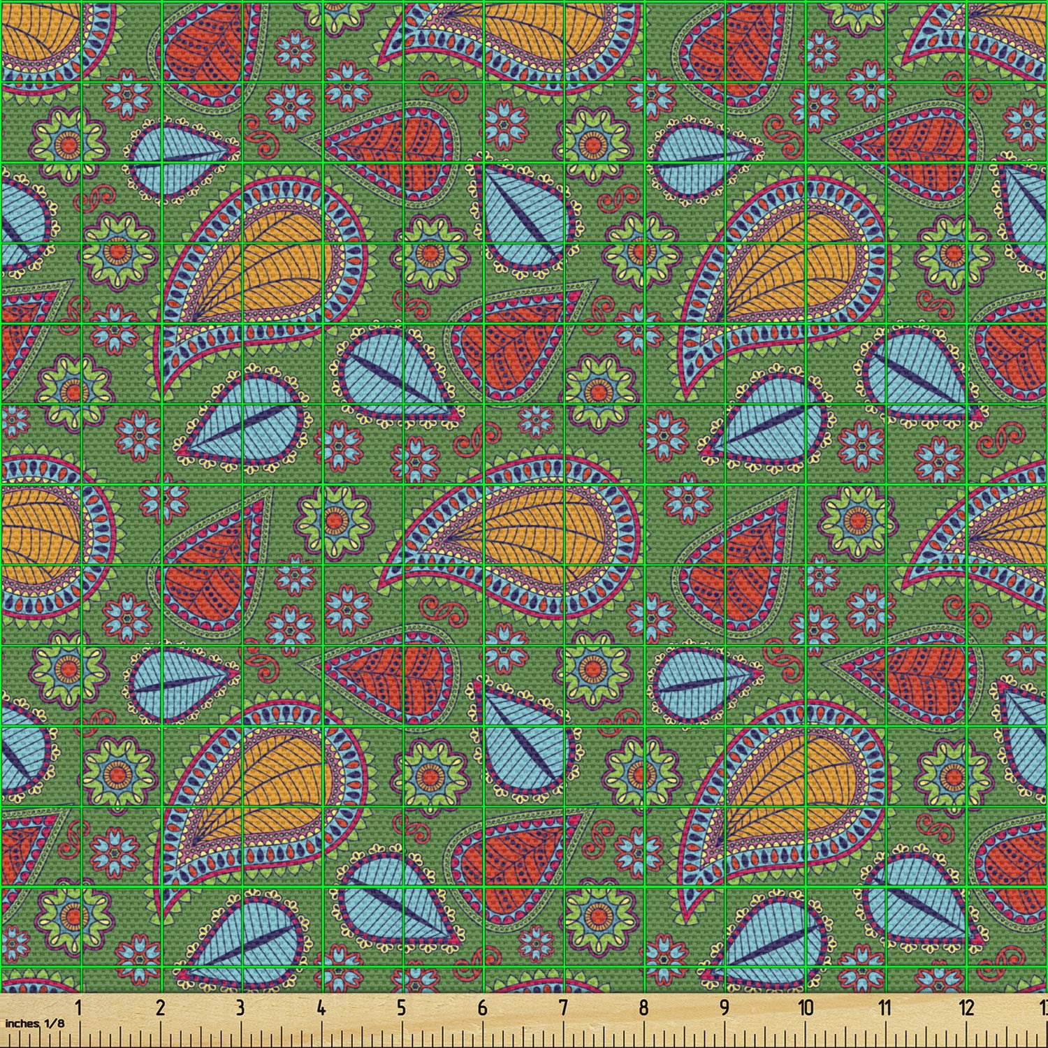 Ambesonne Ethnic Fabric by The Yard - Swirls Floral Paisley Design Fern Green Upholstery Fabric for Sofa, Curtains & Home Decor | 1 Yard Orange Blue Red | Perfect for DIY Projects, Pillow Covers & Wall Hangings