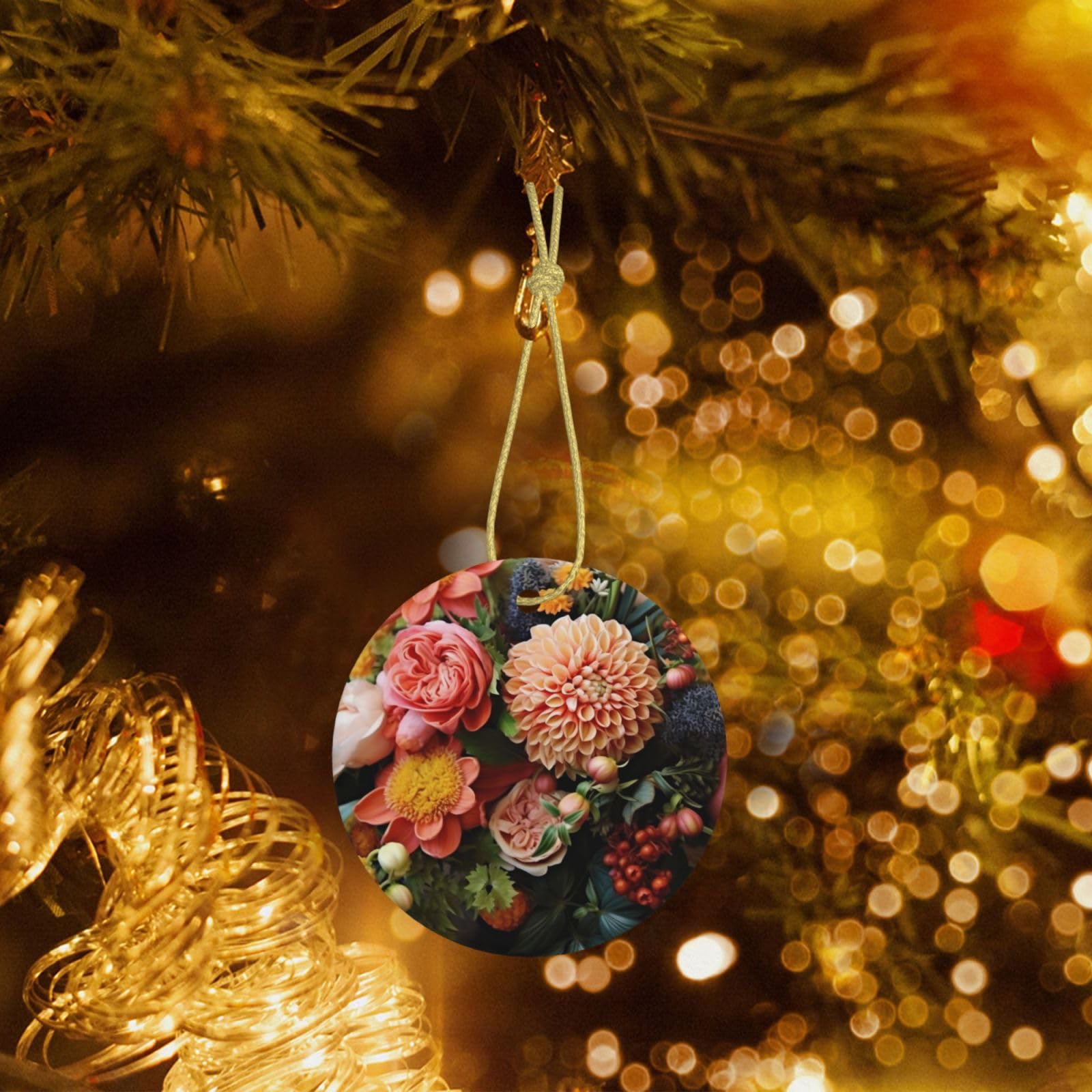 Christmas Tree Ceramic Hanging Ornaments - Round Botanical Floral Decor with Gold Ribbon for Holiday Decorations | Perfect for Xmas Tree, Home, Office & Gift Giving