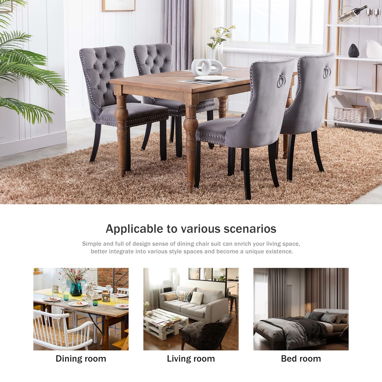 Kiztir 6-Piece Velvet Upholstered Dining Chairs Set with Ring Pull Trim & Button Back - Tufted Luxury Chairs for Dining Room, Living Room, Bedroom or Kitchen - Perfect for Home Decor & Entertaining (Grey)