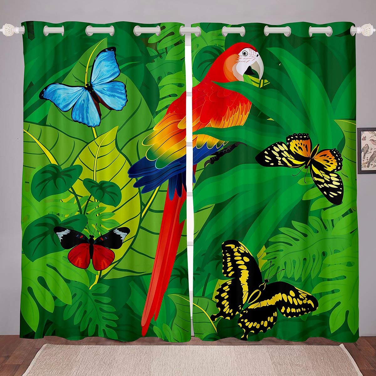 Erosebridal Tropical Butterfly & Parrot Window Curtains - Palm Leaf Blackout Drapes for Kids Room, Boys & Girls Bedroom Decor - Thermal Insulated Trippy Design (84x63 Inches) - Perfect for Nursery, Teen Room & Bohemian Home Decor