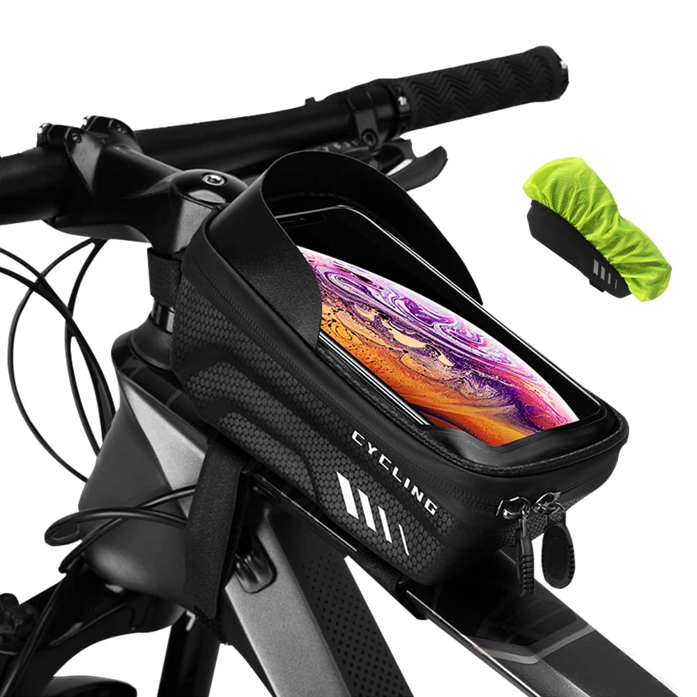 HUIOK Waterproof Bike Phone Mount Bag - Bicycle Front Frame Handlebar Pouch for Smartphones Under 6.8