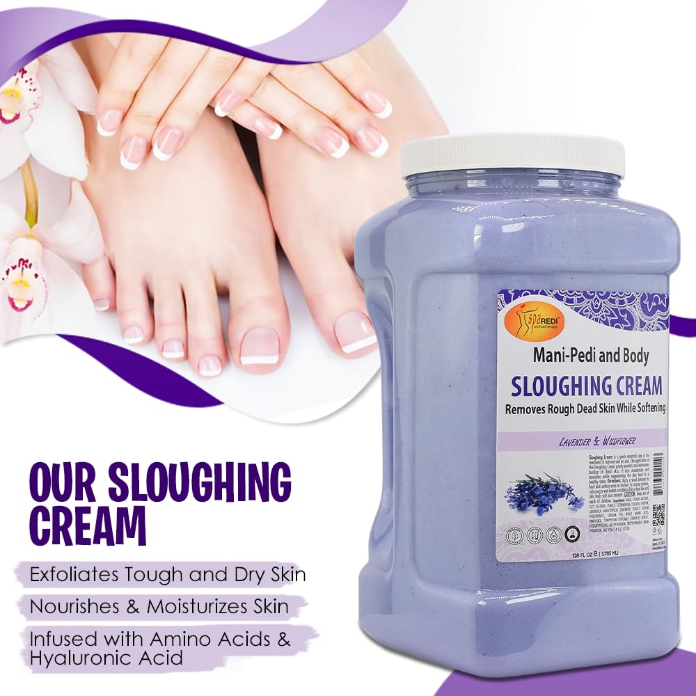 SPA REDI - Lavender & Wildflower Foot Cream & Exfoliating Lotion (128 Oz) - Moisturizing Pedicure Treatment for Dry Cracked Feet - Gentle Scrub & Massage Care - Perfect for Home Spa & Professional Salon Use