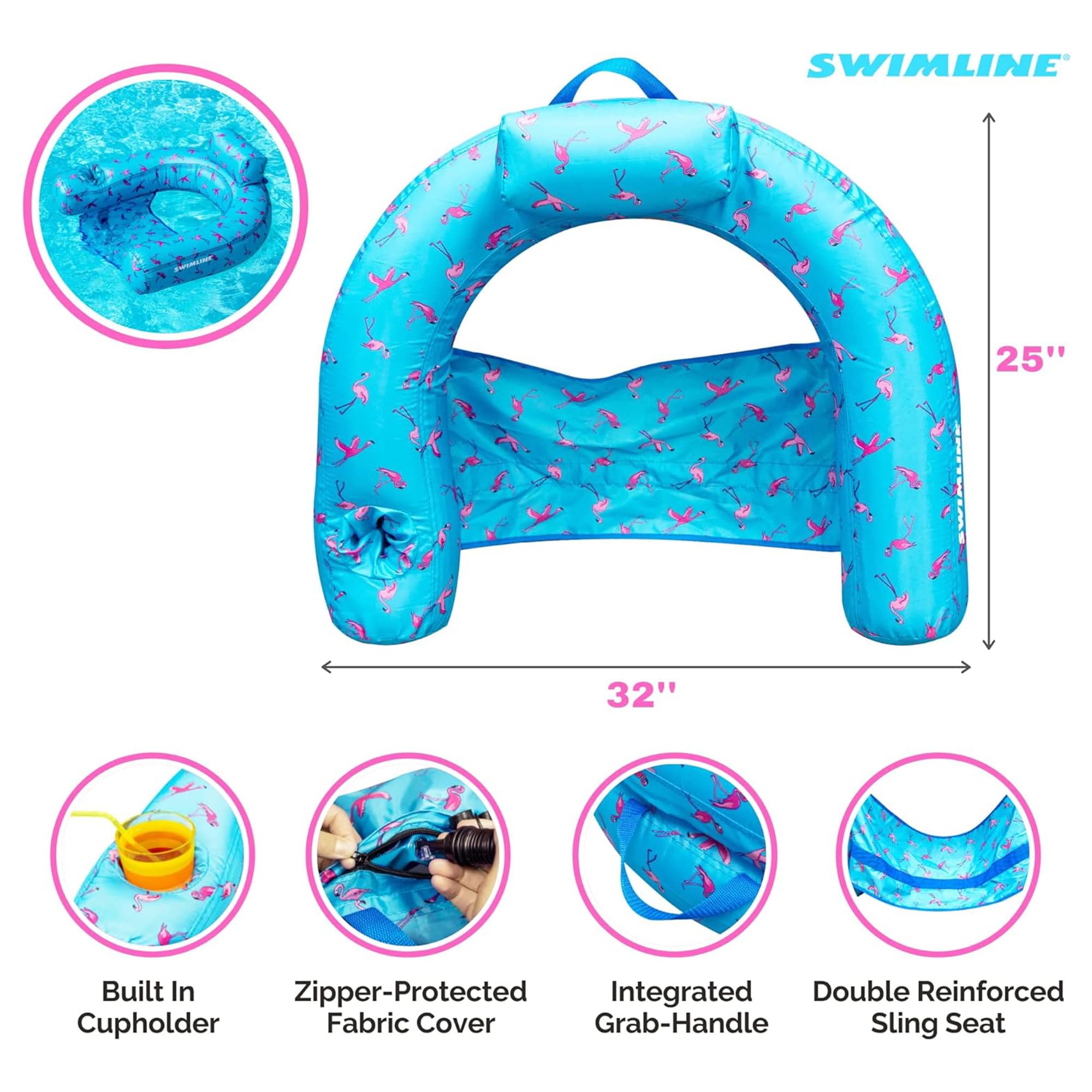 SWIMLINE ORIGINAL Fabric Covered U-Seat Inflatable Pool Lounger Flamingo Pattern | Comfortable Sling Seat with Backrest & Built-In Cup Holder | Perfect for Pool Parties, Beach Vacations, Lake Relaxation, and Summer Fun