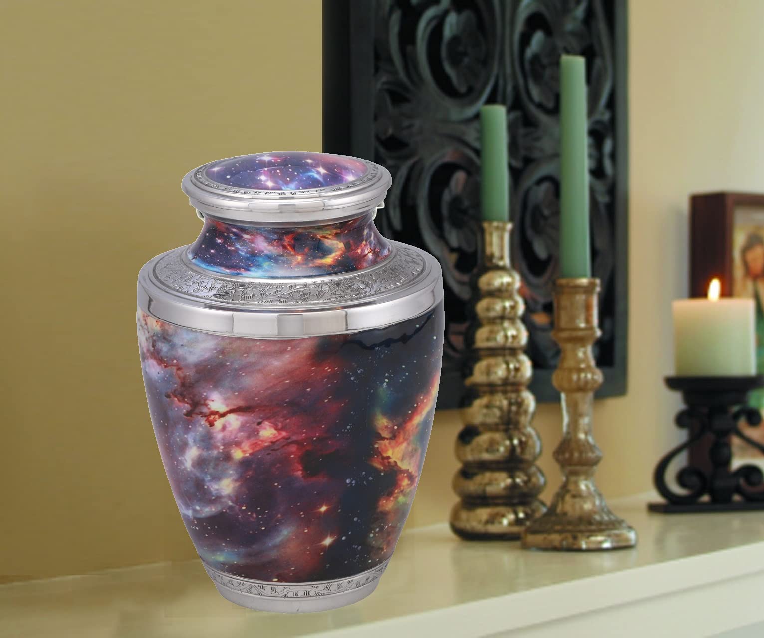 Exquisite Handcrafted Metal Cremation Urn with Galaxy Pattern - Includes Free Velvet Bag | Memorial Keepsake for Ashes | Perfect for Home Display or Funeral Services