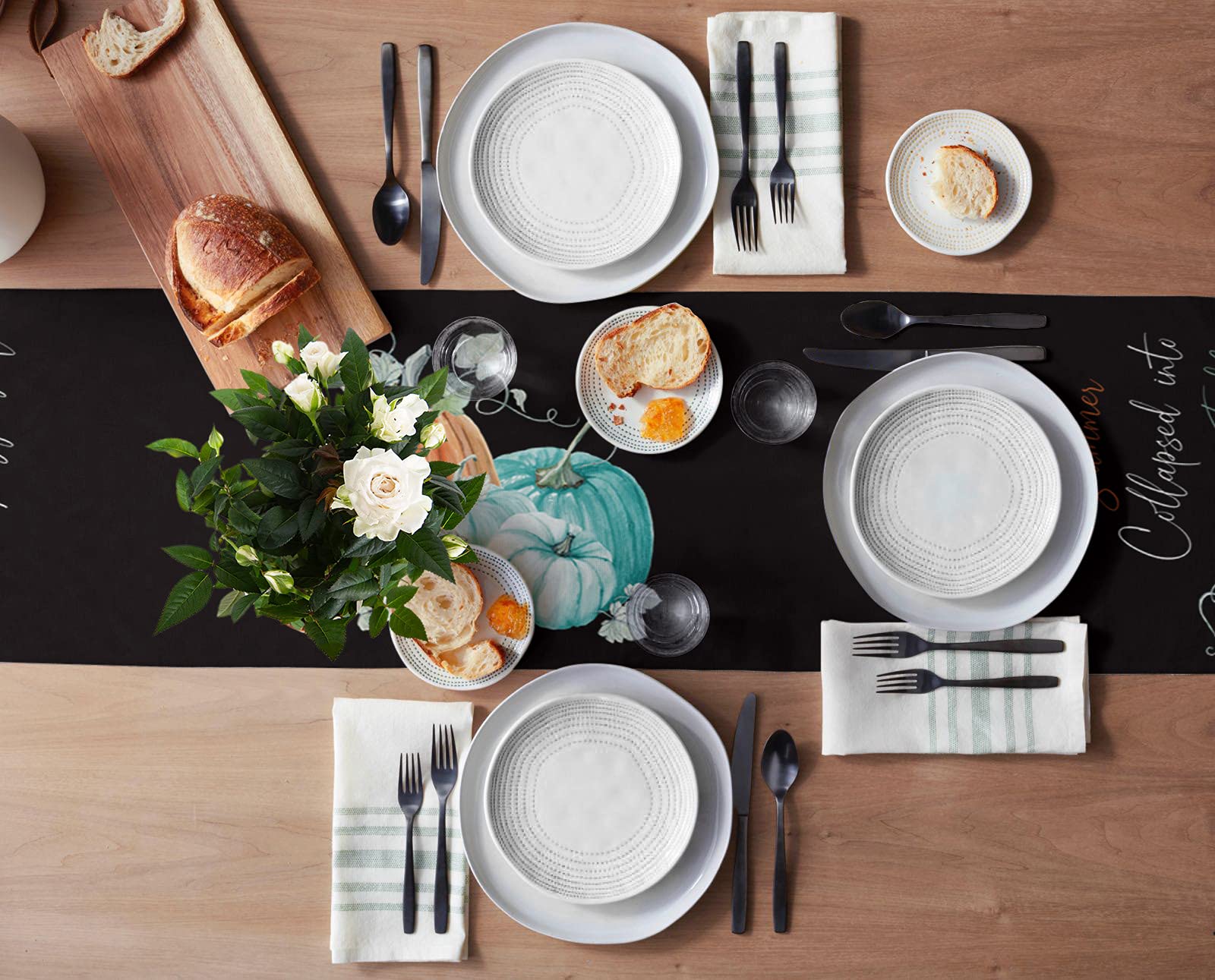 108 Inch Fall Thanksgiving Pumpkin Burlap Linen Table Runner - Farmhouse Kitchen Dining Decor for Coffee Table, Wedding, Banquet & Party | Autumn Aqua Pumpkin Black Home Decoration | Perfect for Harvest Season, Holiday Gatherings & Farmhouse Style Dining