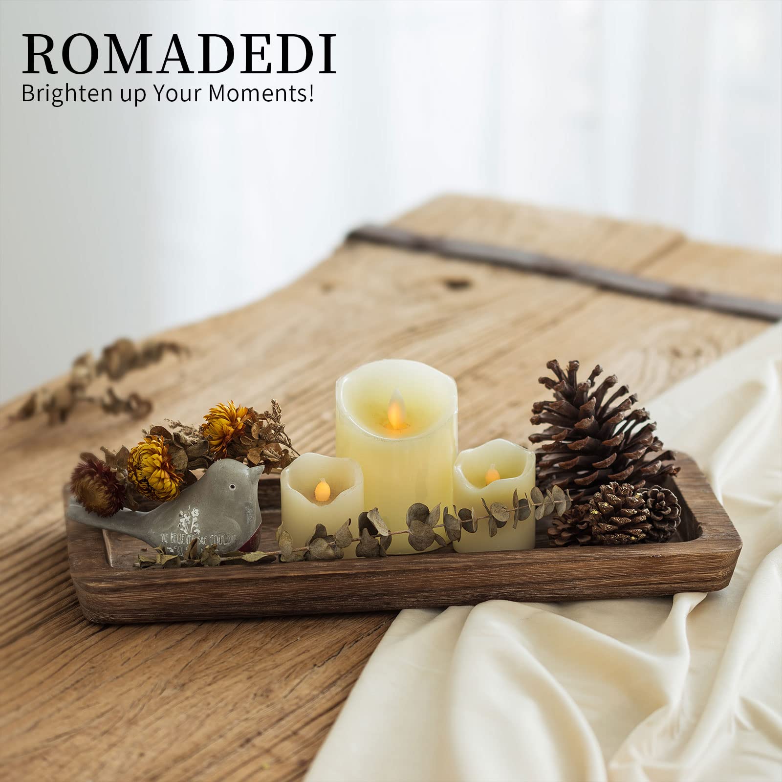 Romadedi Wooden Decorative Tray Candle Holder - Rustic Long Narrow Wooden Tray for Home Decor, Coffee Table, Dining Room & Kitchen | Perfect for Centerpieces, Candle Displays & Organizing Essentials