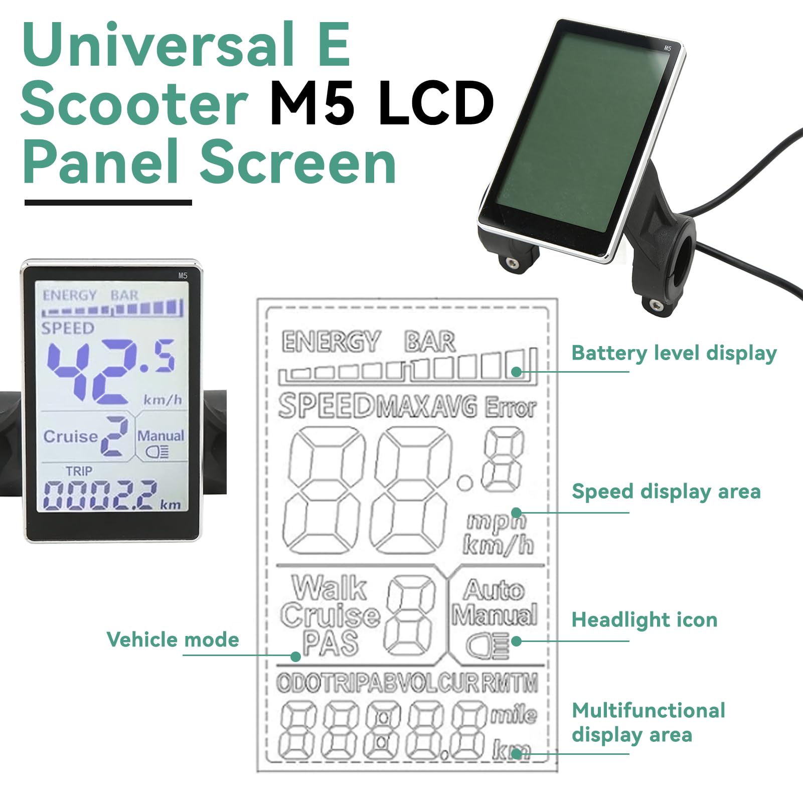 Universal 24V-60V Waterproof LCD Display for Electric Bikes & Scooters - M5 E-Bike Control Panel with 5-Pin Connector (Fits 22.2mm/31.8mm Handlebars) - Perfect for Commuting, Off-Road Adventures & Urban Riding